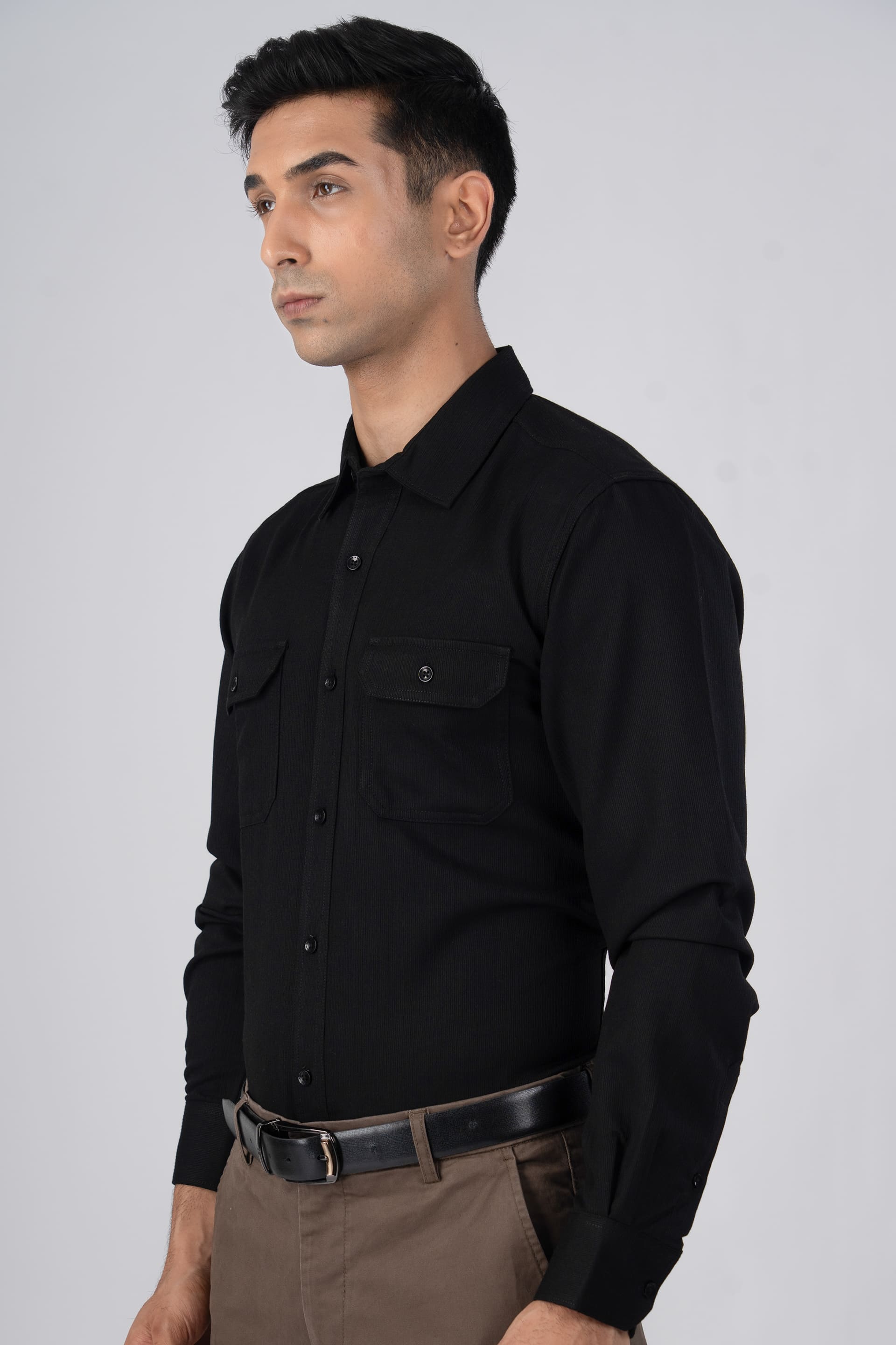 Easy Iron Cord Cargo Shirt In Black