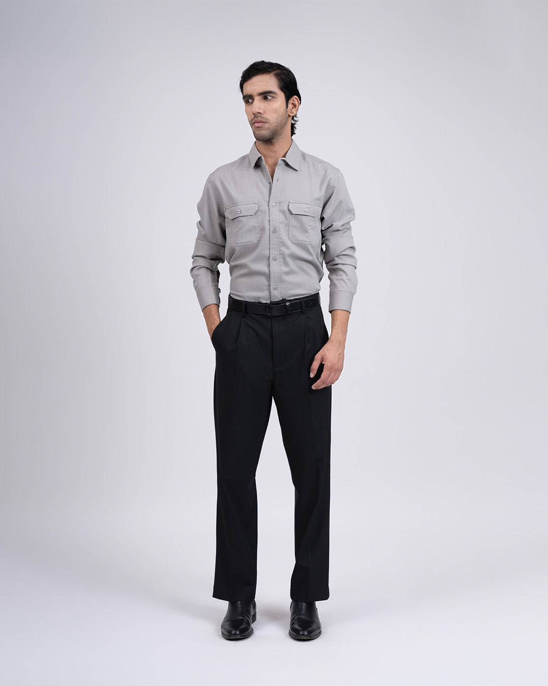 Easy Iron Cord Cargo Shirt In Grey