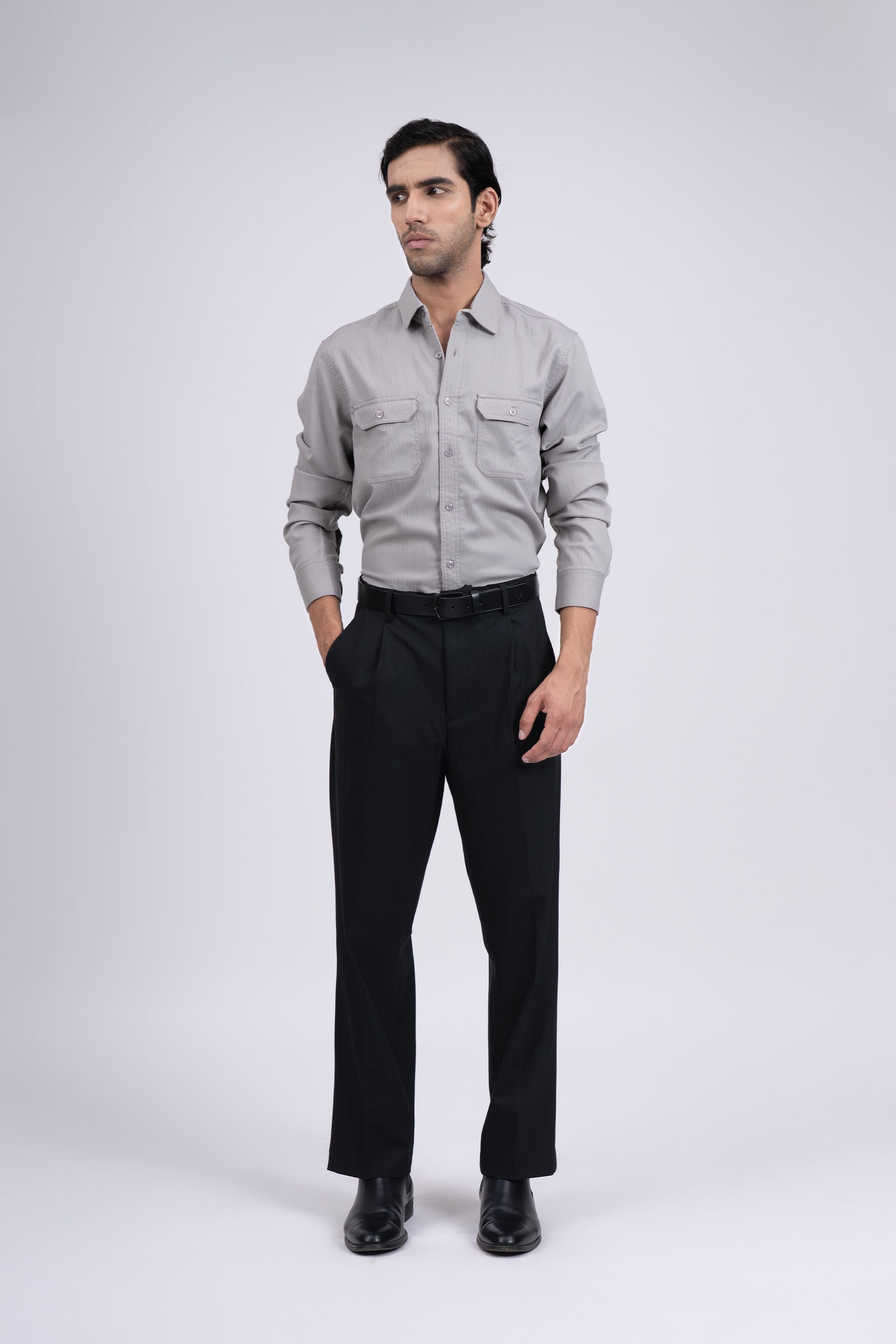 Easy Iron Cord Cargo Shirt In Grey