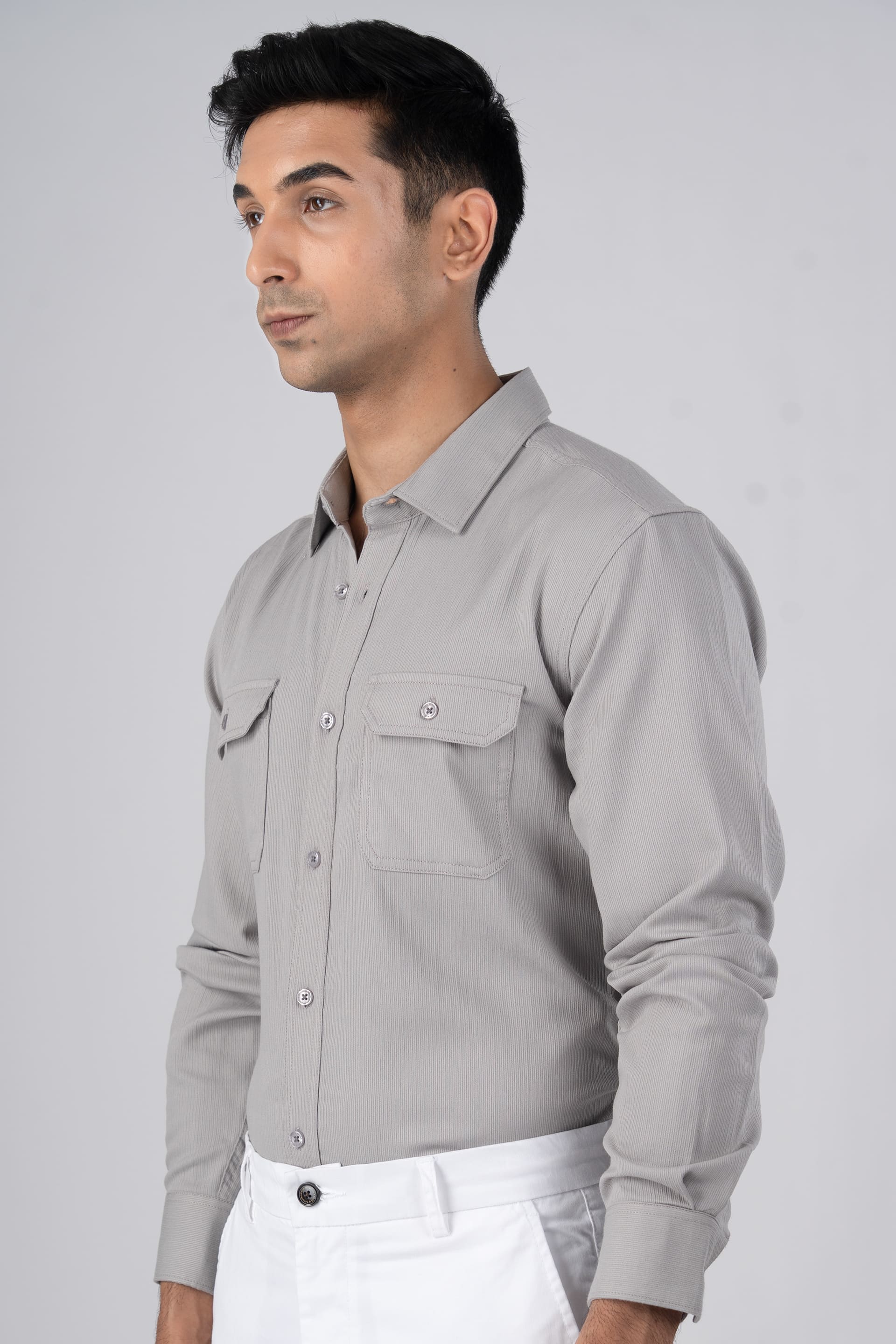 Easy Iron Cord Cargo Shirt In Grey