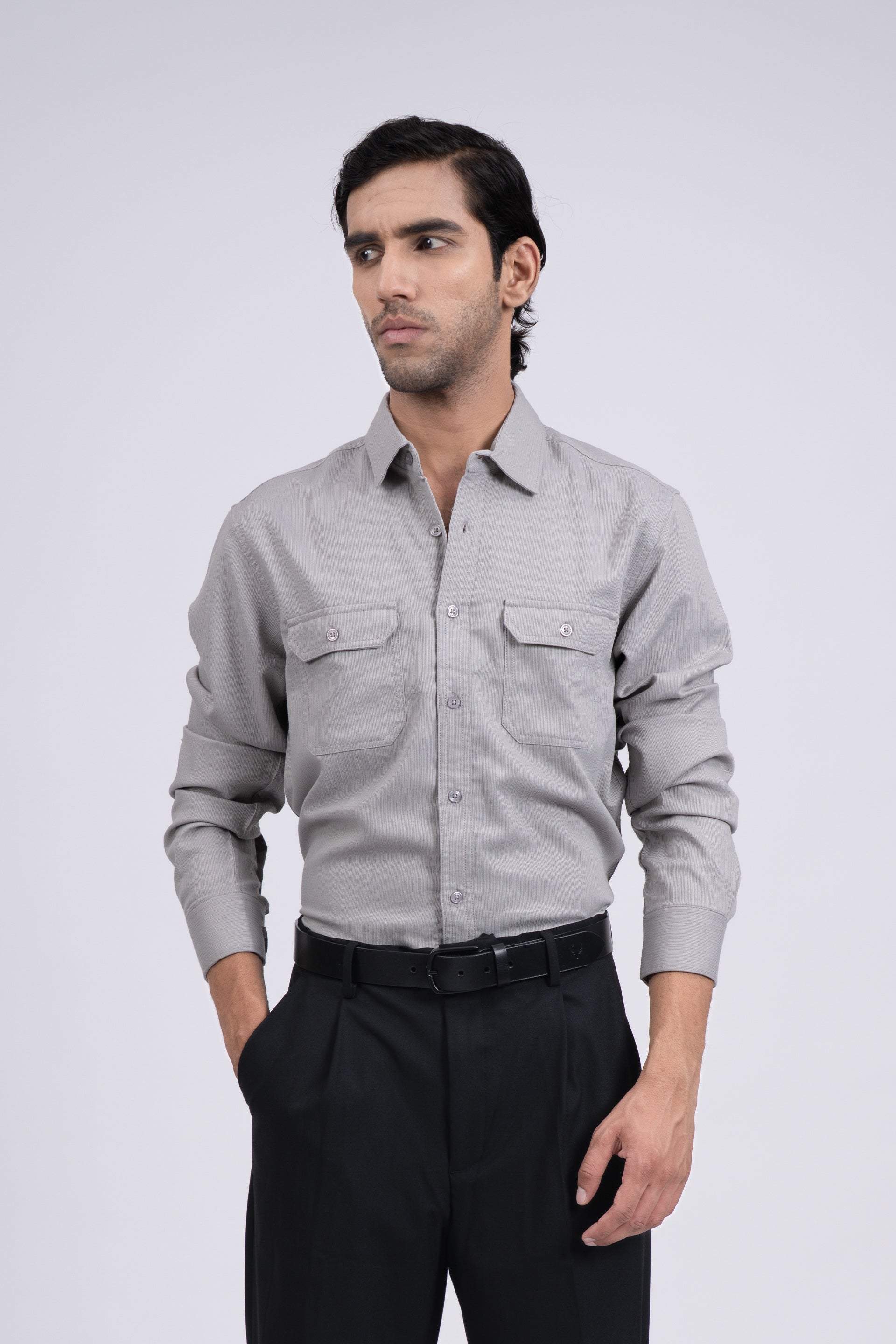 Easy Iron Cord Cargo Shirt In Grey