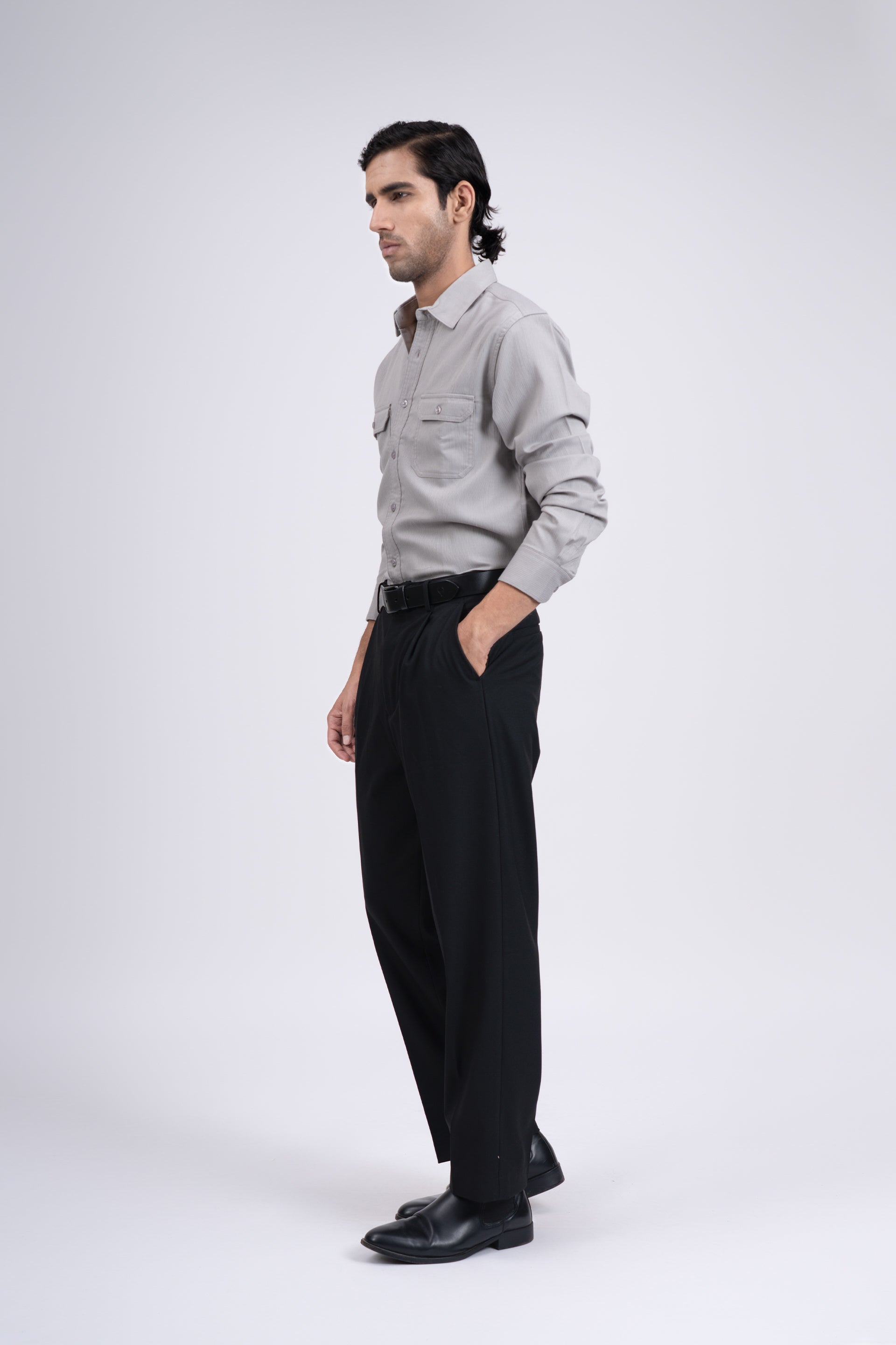 Easy Iron Cord Cargo Shirt In Grey