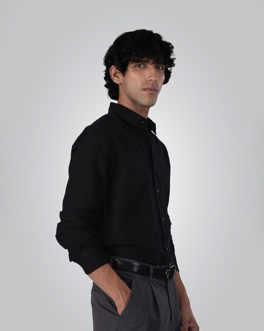 Premium Linen Griege Shirt In Black