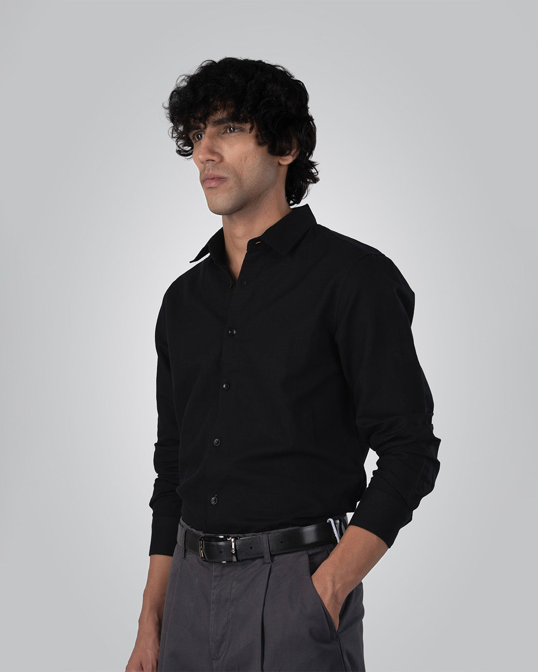 Premium Linen Griege Shirt In Black