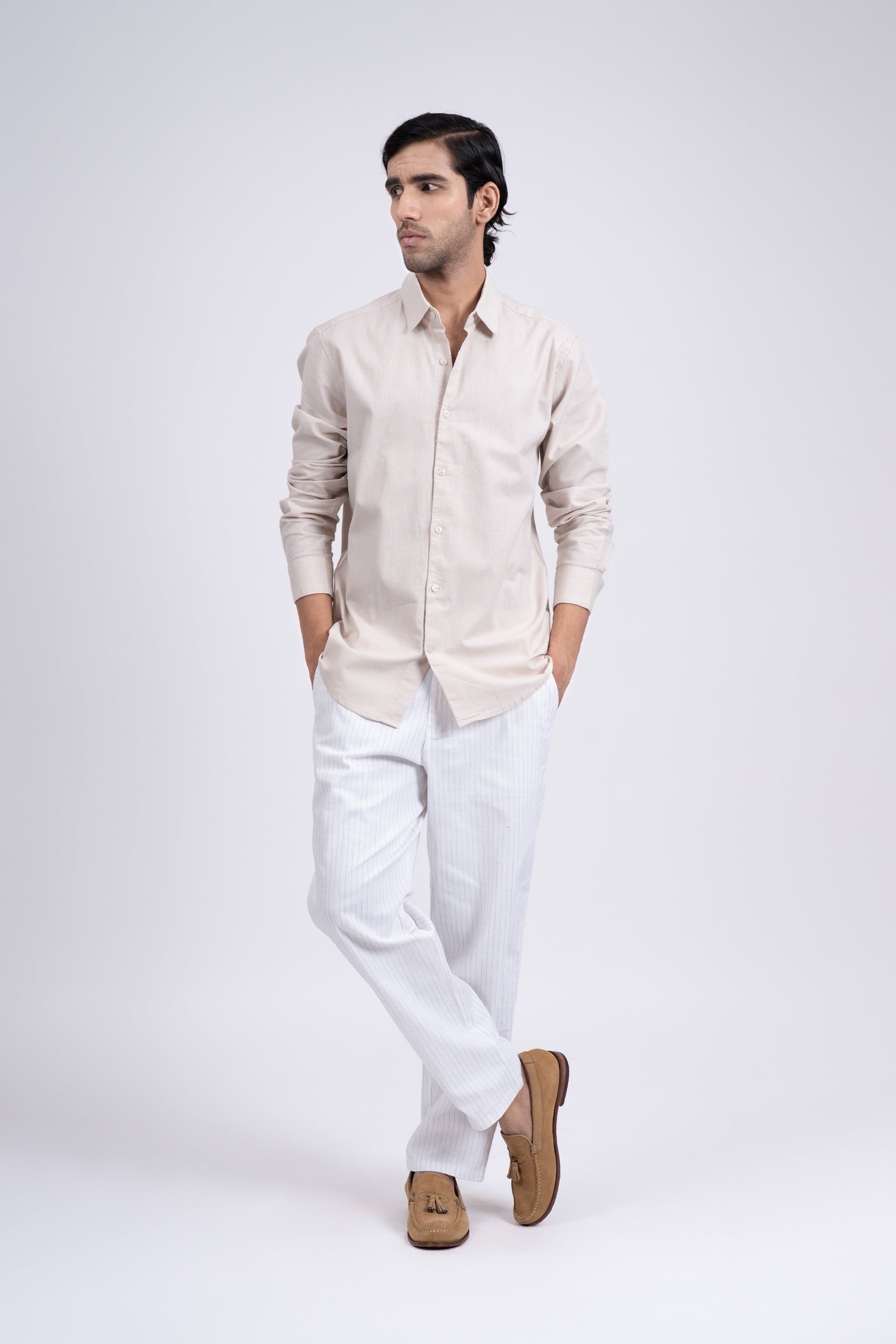 Premium Linen Griege Shirt In Cream