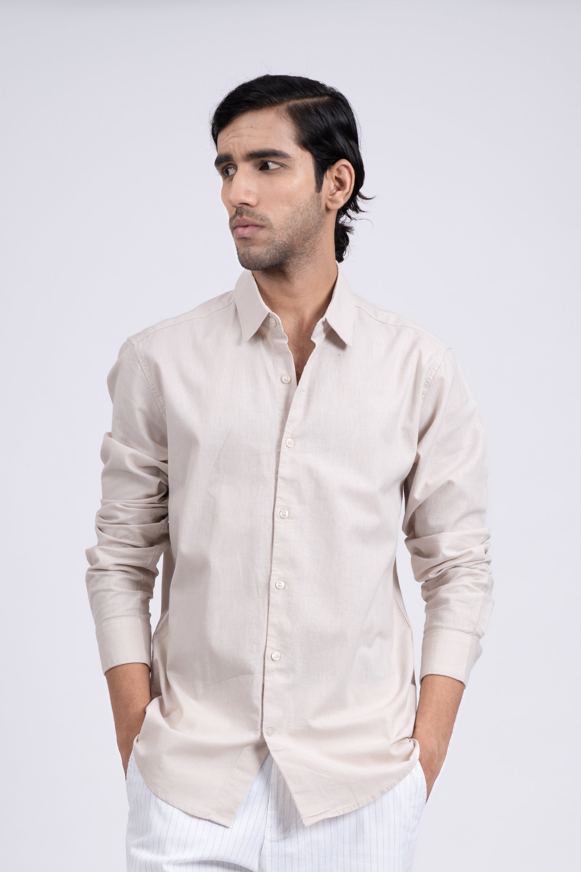 Premium Linen Griege Shirt In Cream