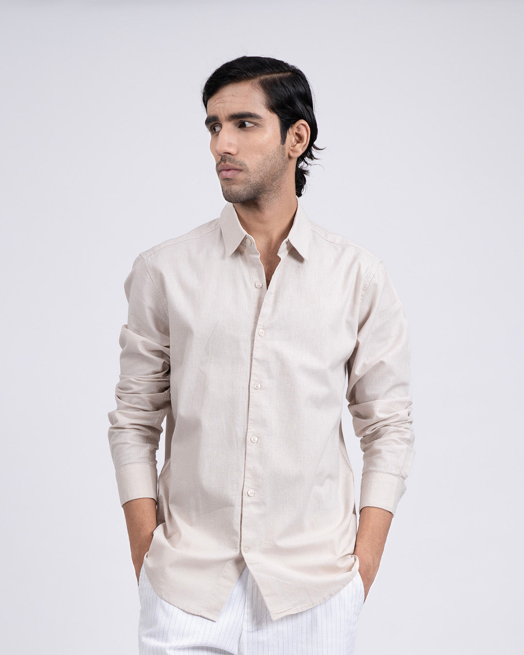 Premium Linen Griege Shirt In Cream