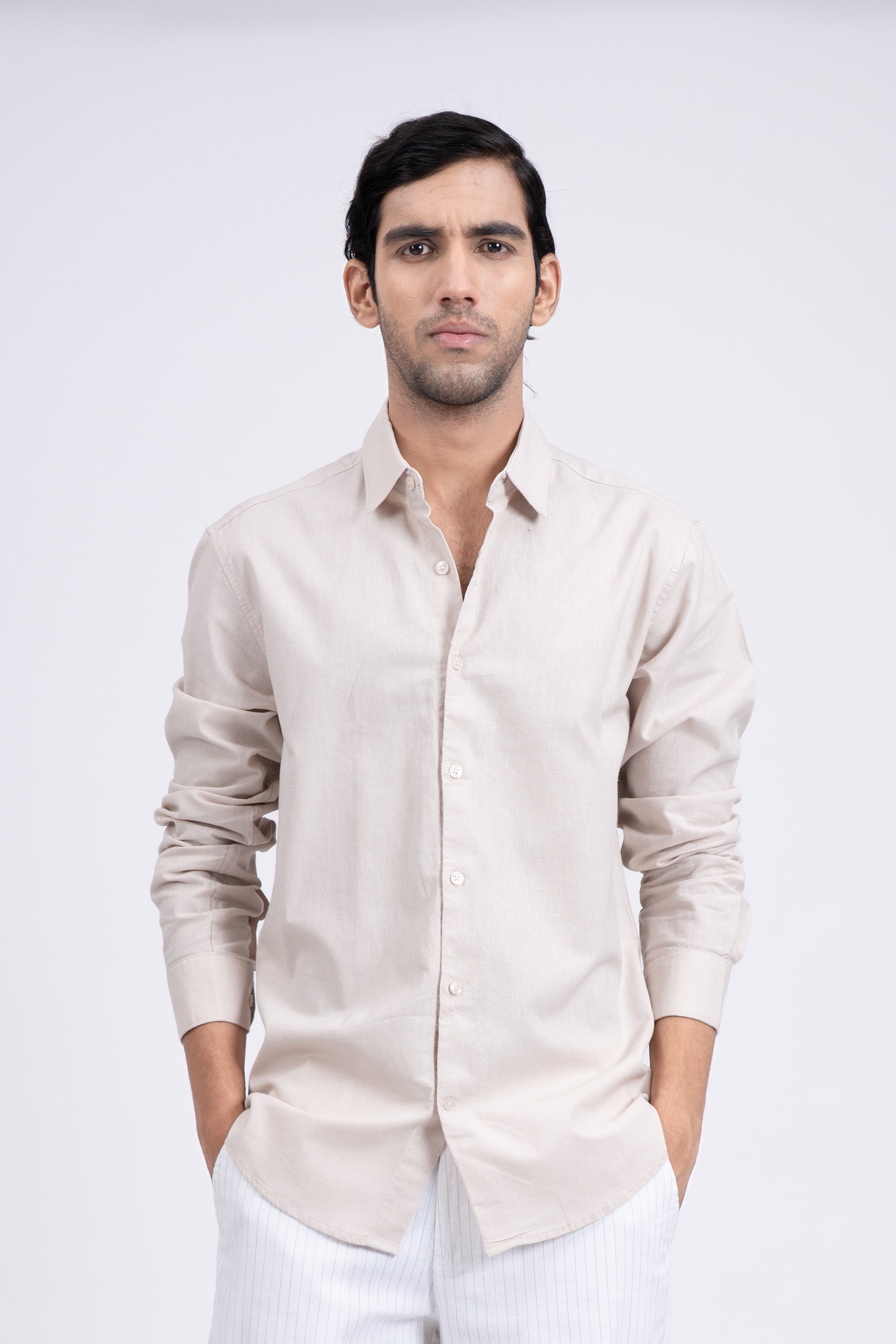 Premium Linen Griege Shirt In Cream