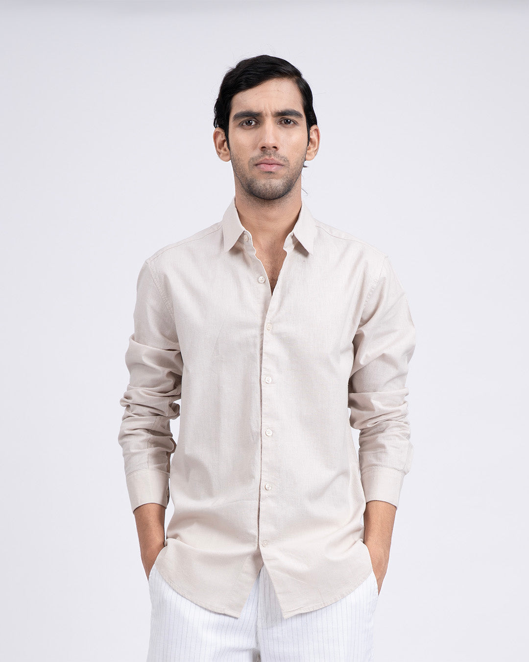 Premium Linen Griege Shirt In Cream