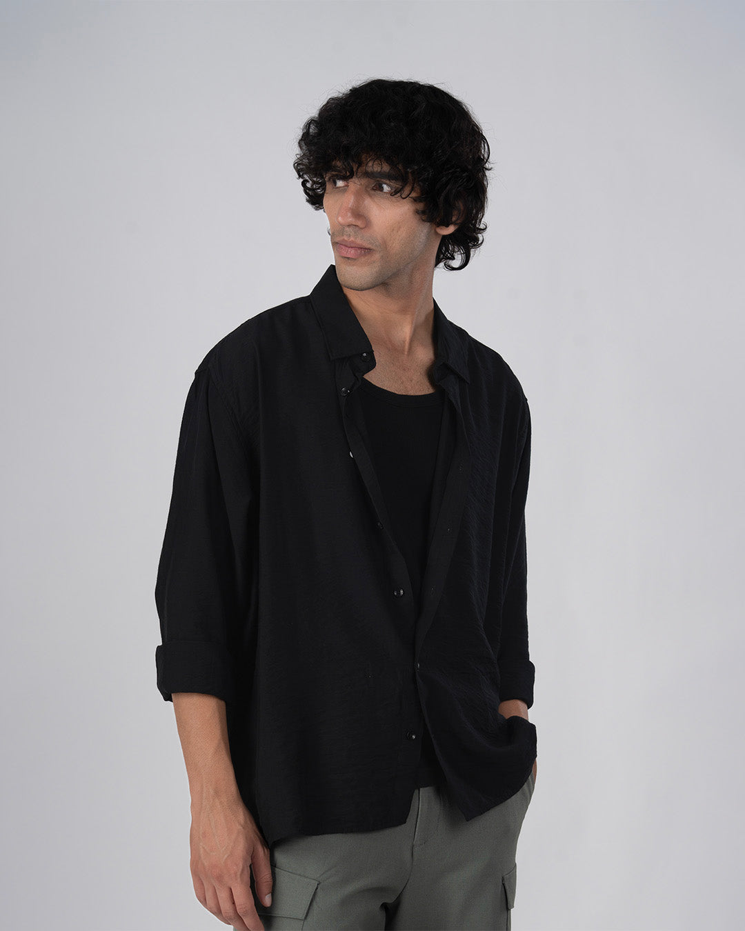 Soft Nylon Relaxed Over-Shirt In Black
