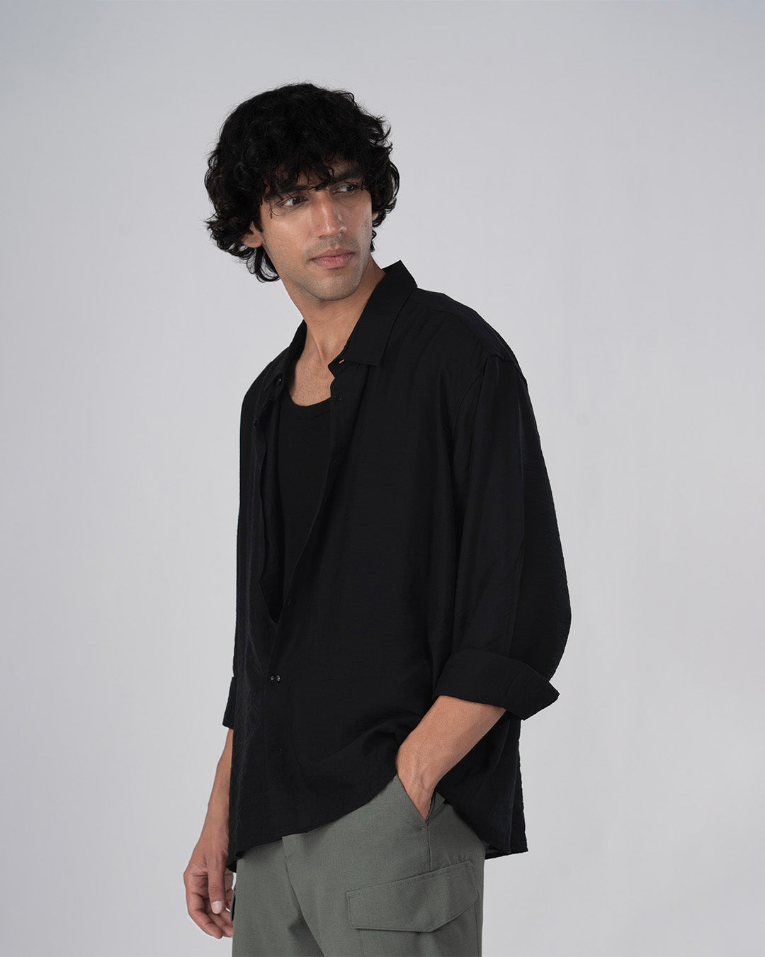 Soft Nylon Relaxed Over-Shirt In Black