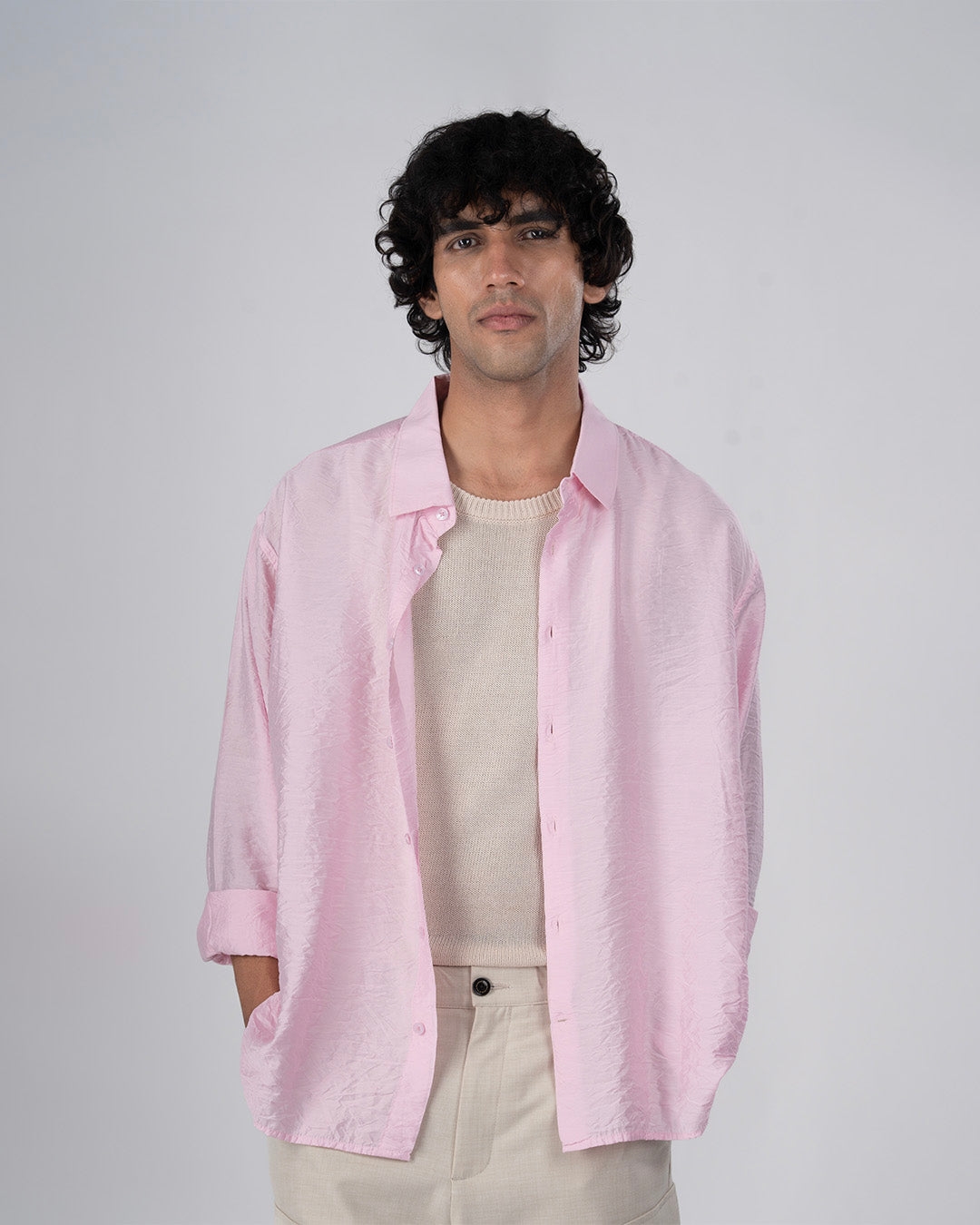 Soft Nylon Relaxed Over-Shirt In Pink