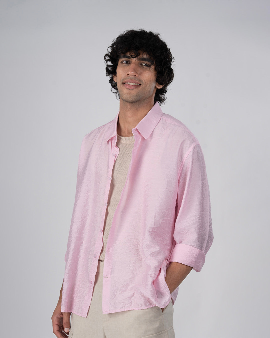 Soft Nylon Relaxed Over-Shirt In Pink