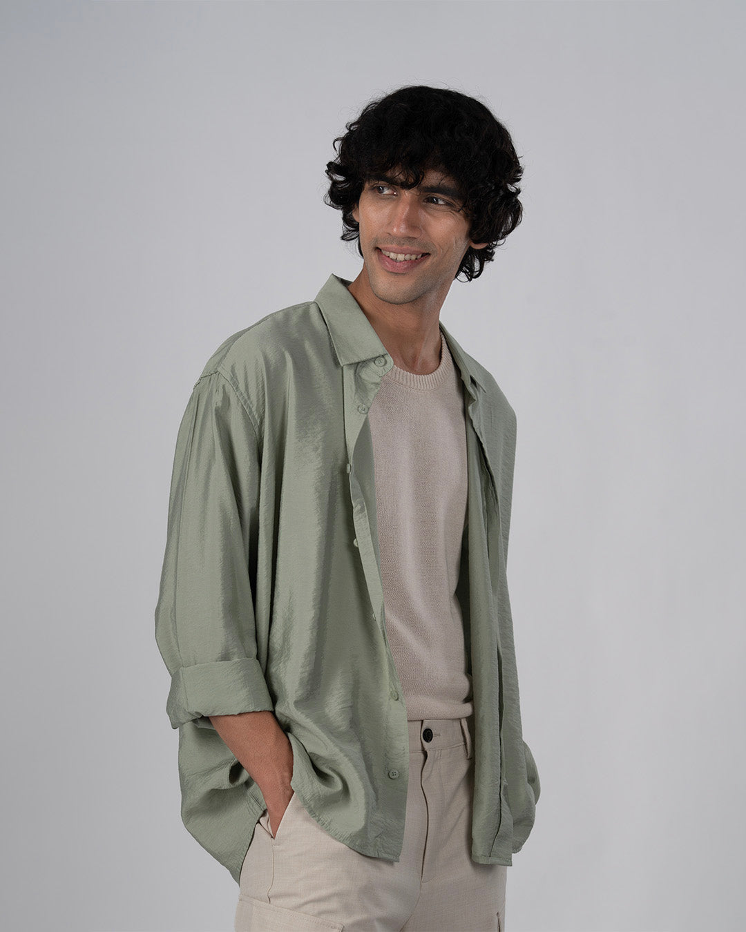 Soft Nylon Relaxed Over-Shirt In Green
