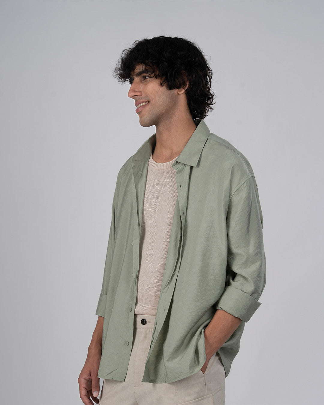 Soft Nylon Relaxed Over-Shirt In Green