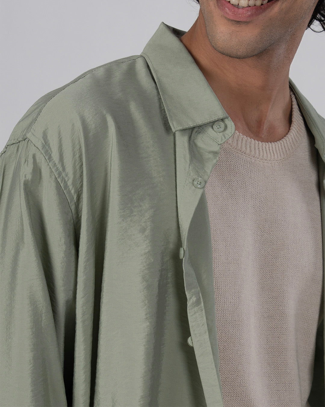 Soft Nylon Relaxed Over-Shirt In Green