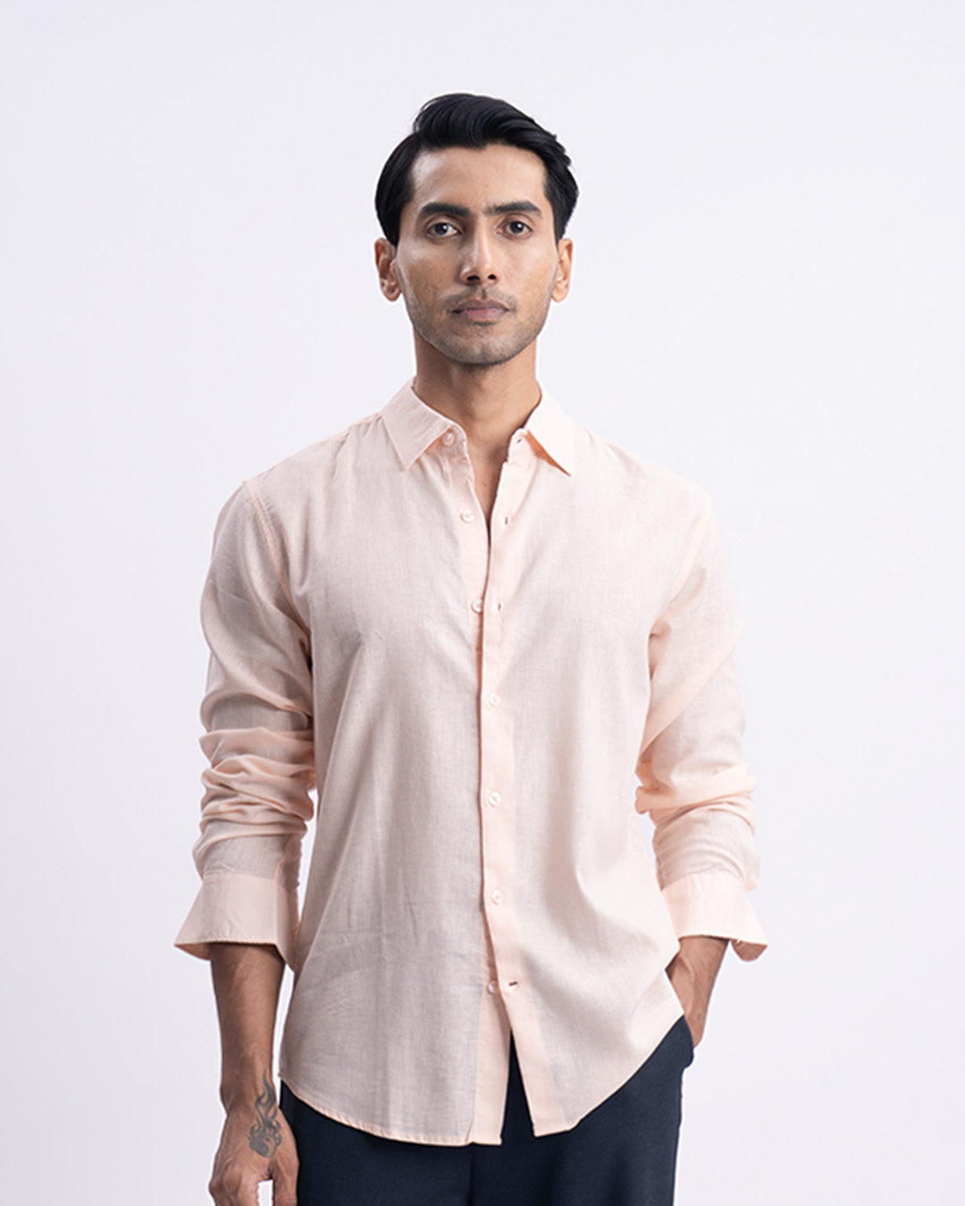 Lyocell Linen Tailored Shirt In Orange Peach