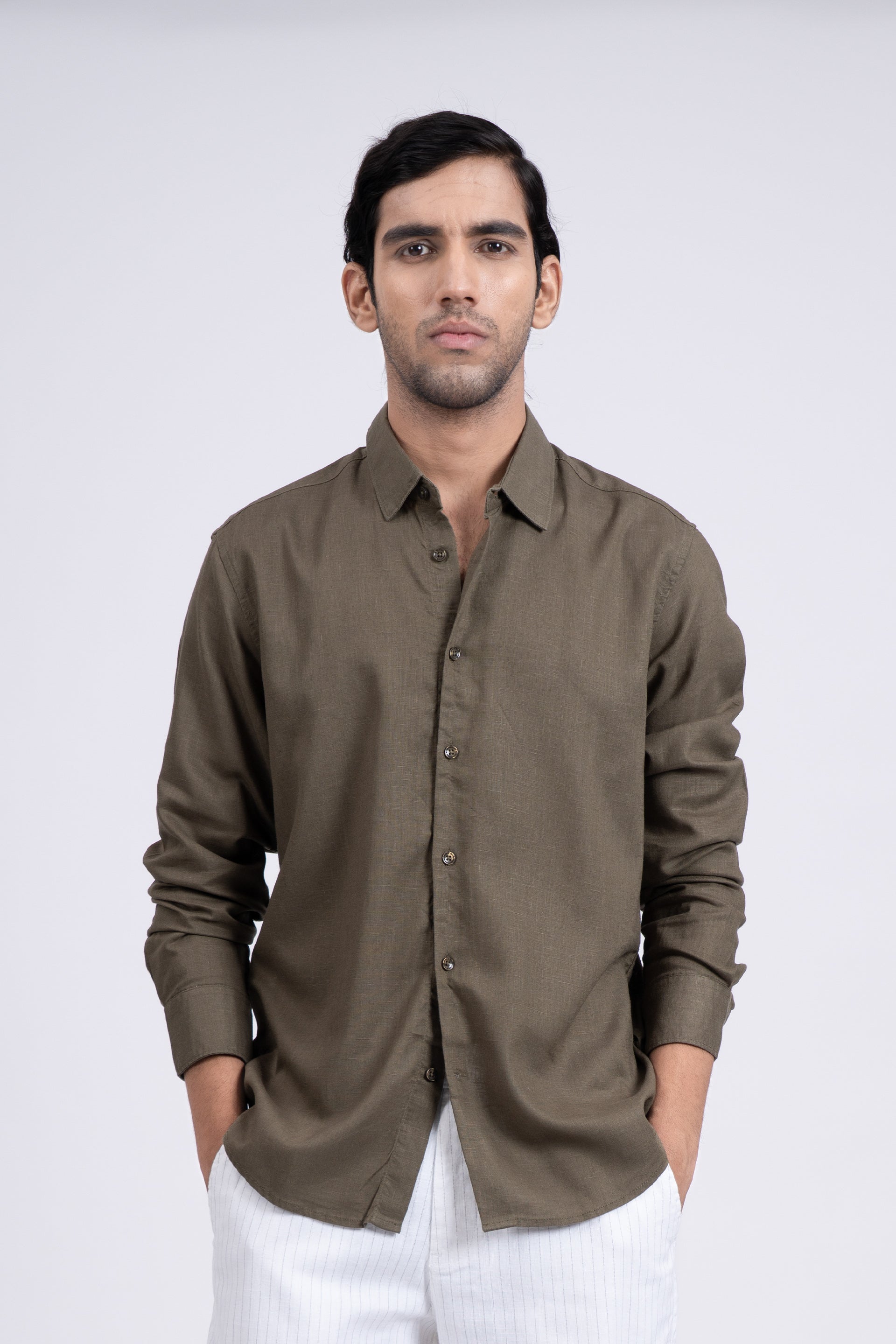 Premium Lyocell Linen Shirt In Olive