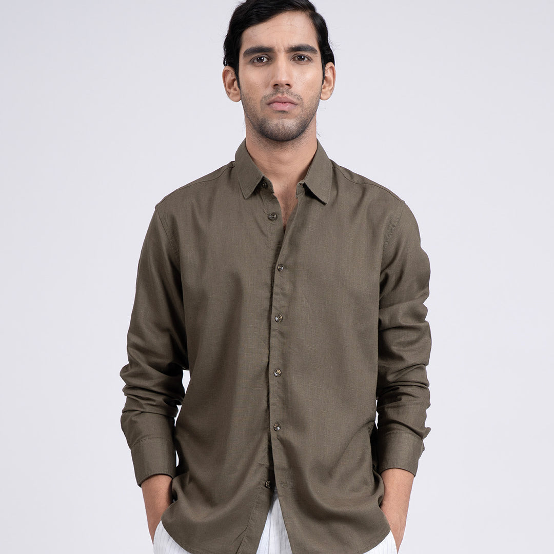 Premium Lyocell Linen Shirt In Olive