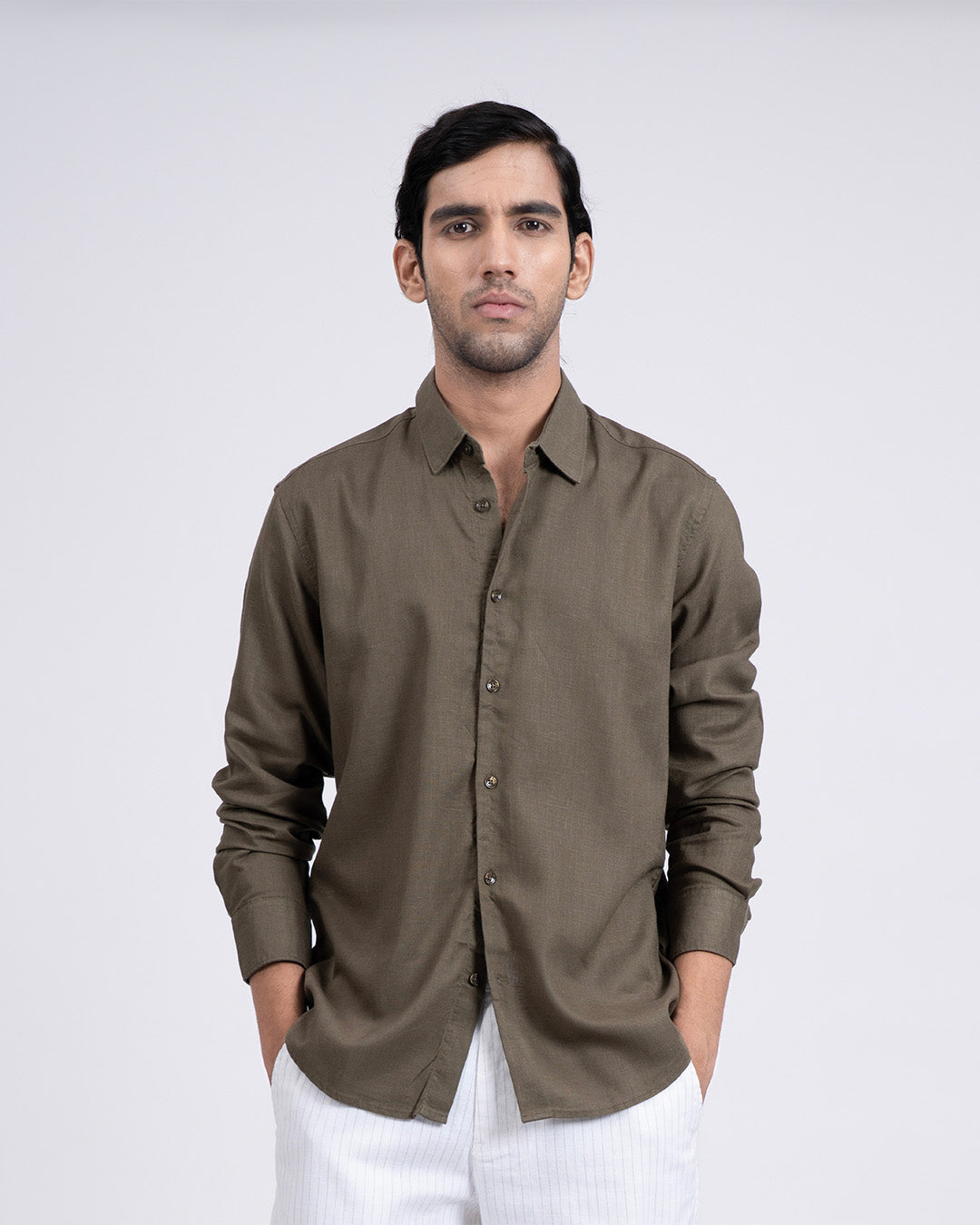 Premium Lyocell Linen Shirt In Olive