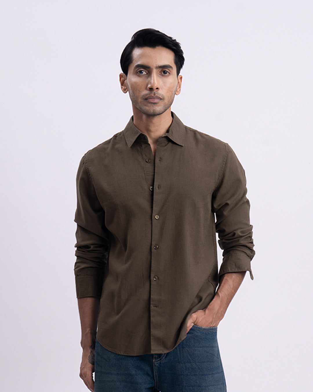 Lyocell Linen Tailored Shirt In Olive
