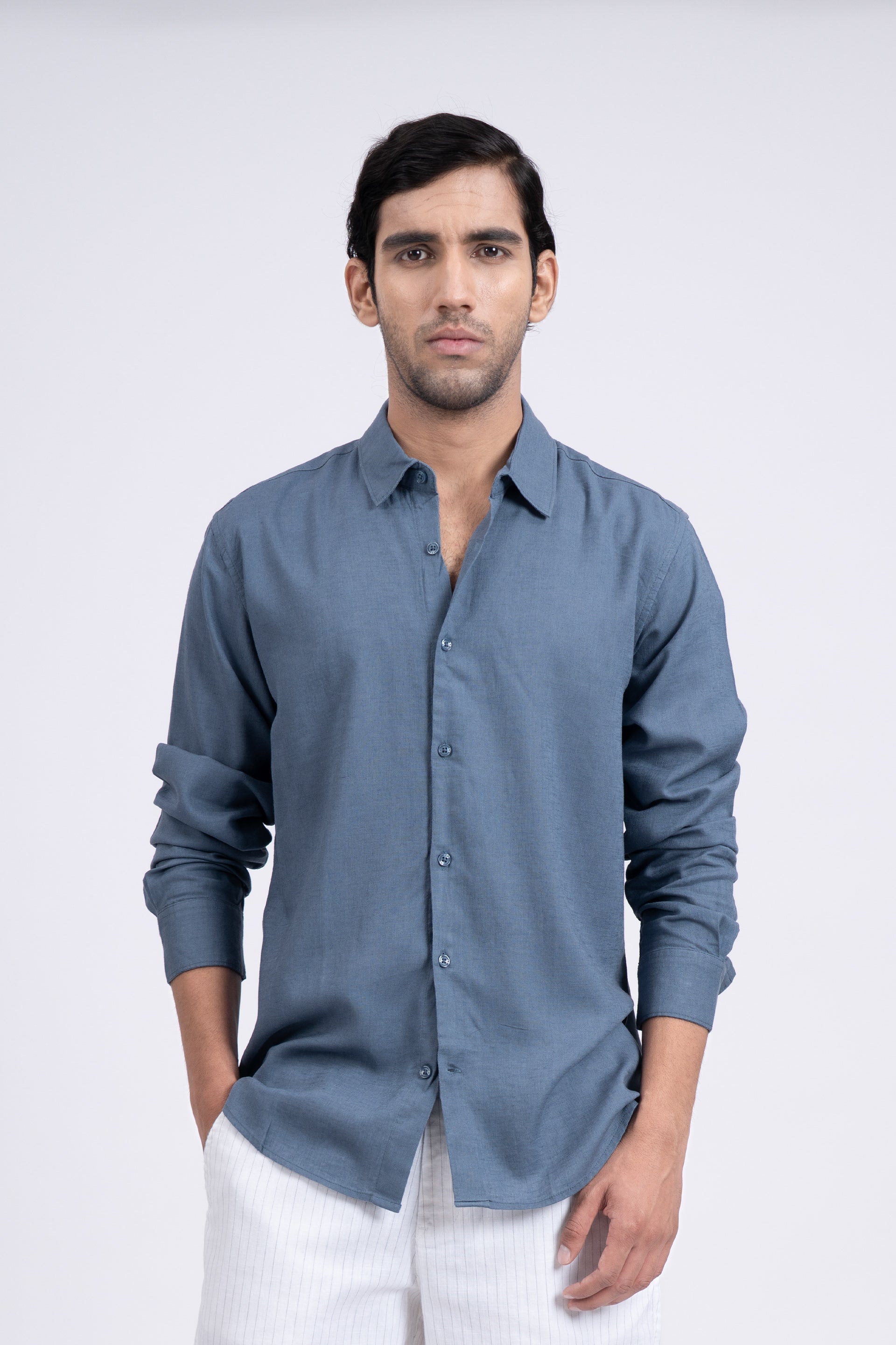 Premium Lyocell Linen Shirt In Ocean Blue