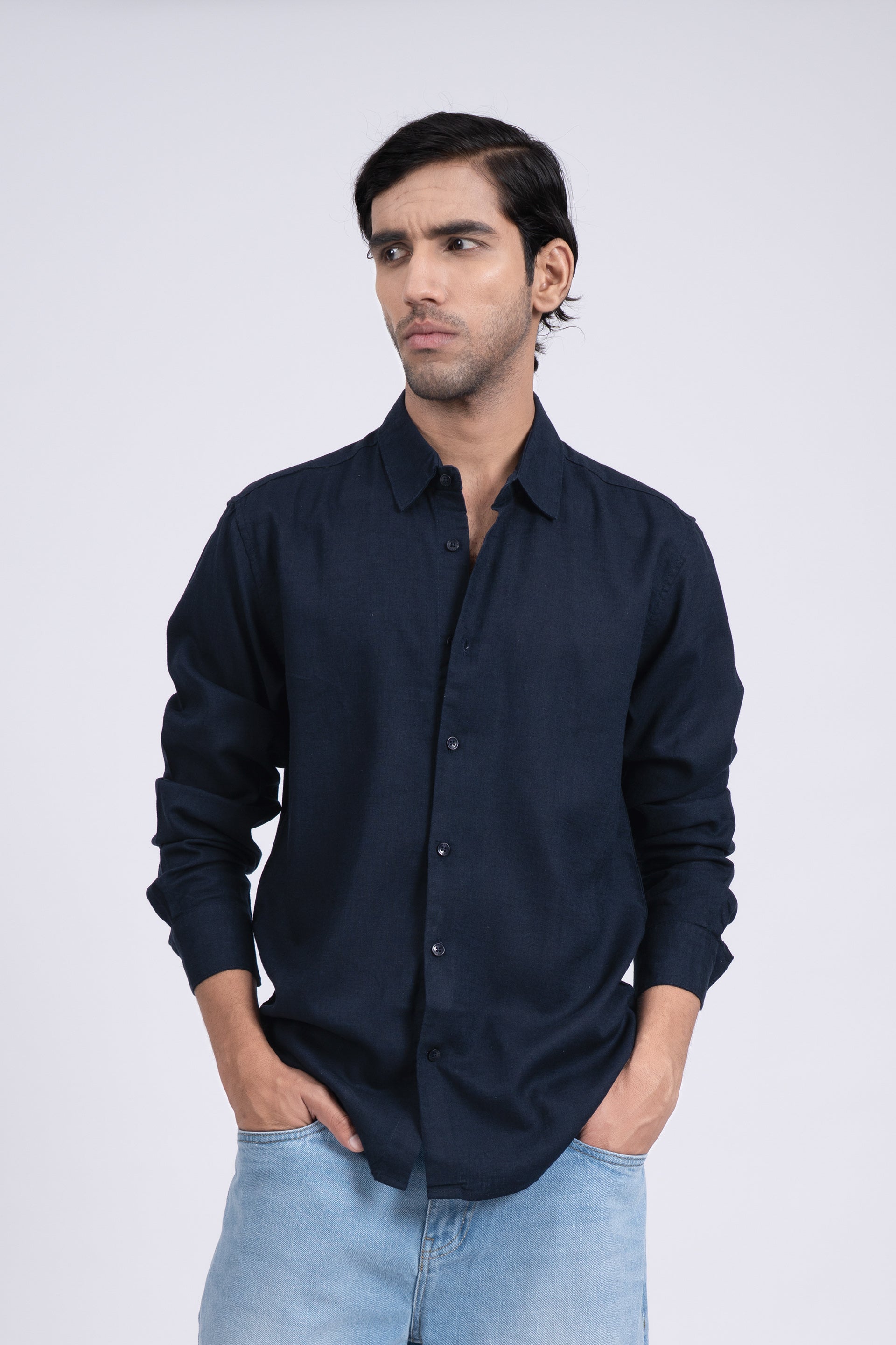 Premium Lyocell Linen Shirt In Navy