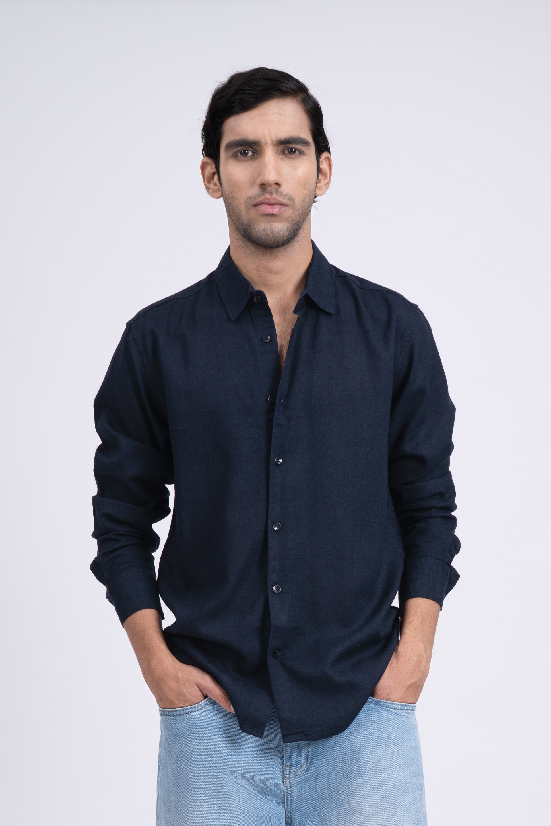 Premium Lyocell Linen Shirt In Navy