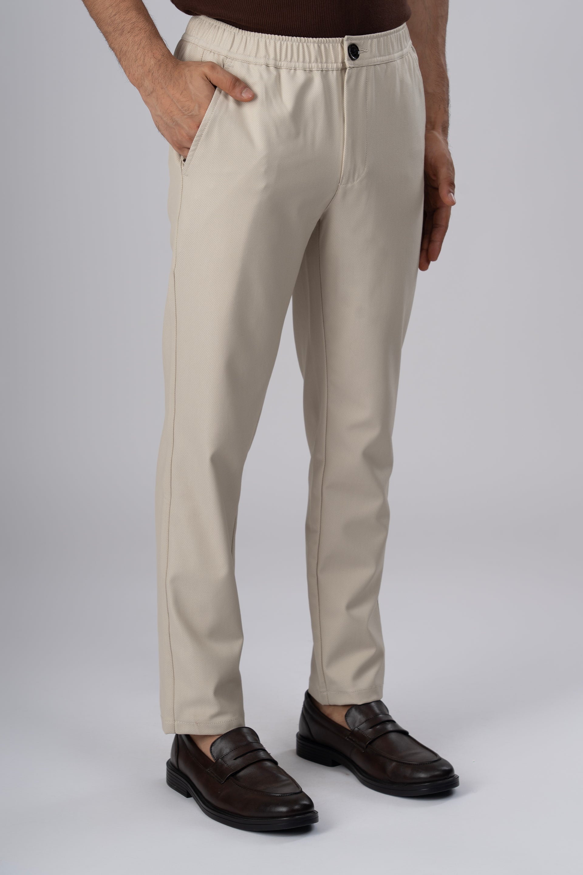 Easy Iron Flexi Textured Tailored Trouser In Cream
