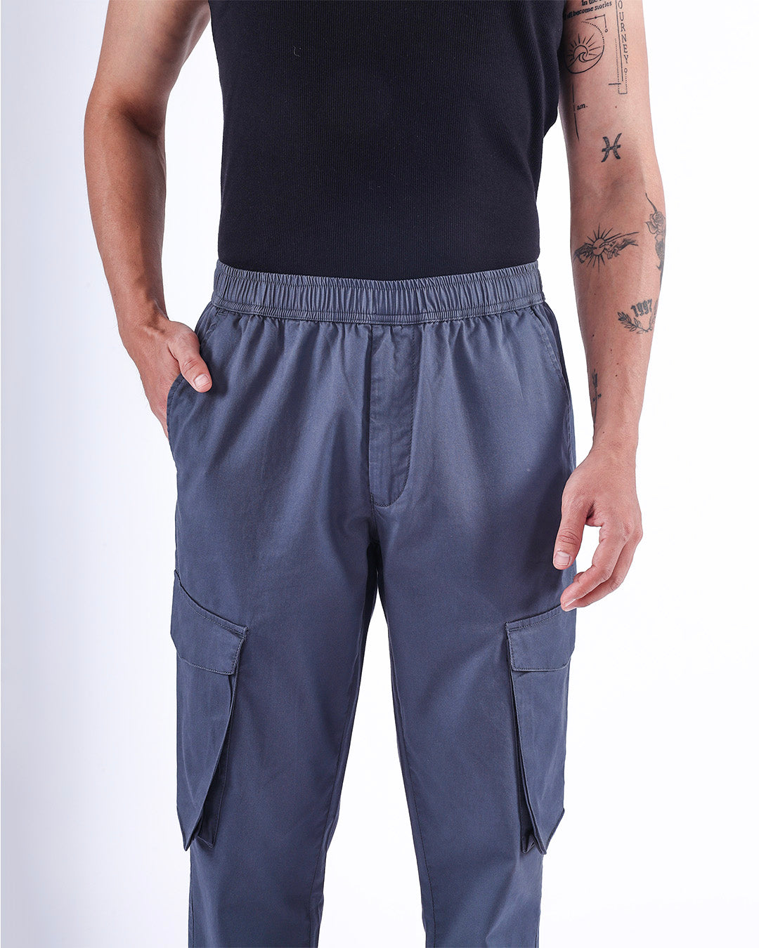 Feather Light Tailored Cargos In BluGrey
