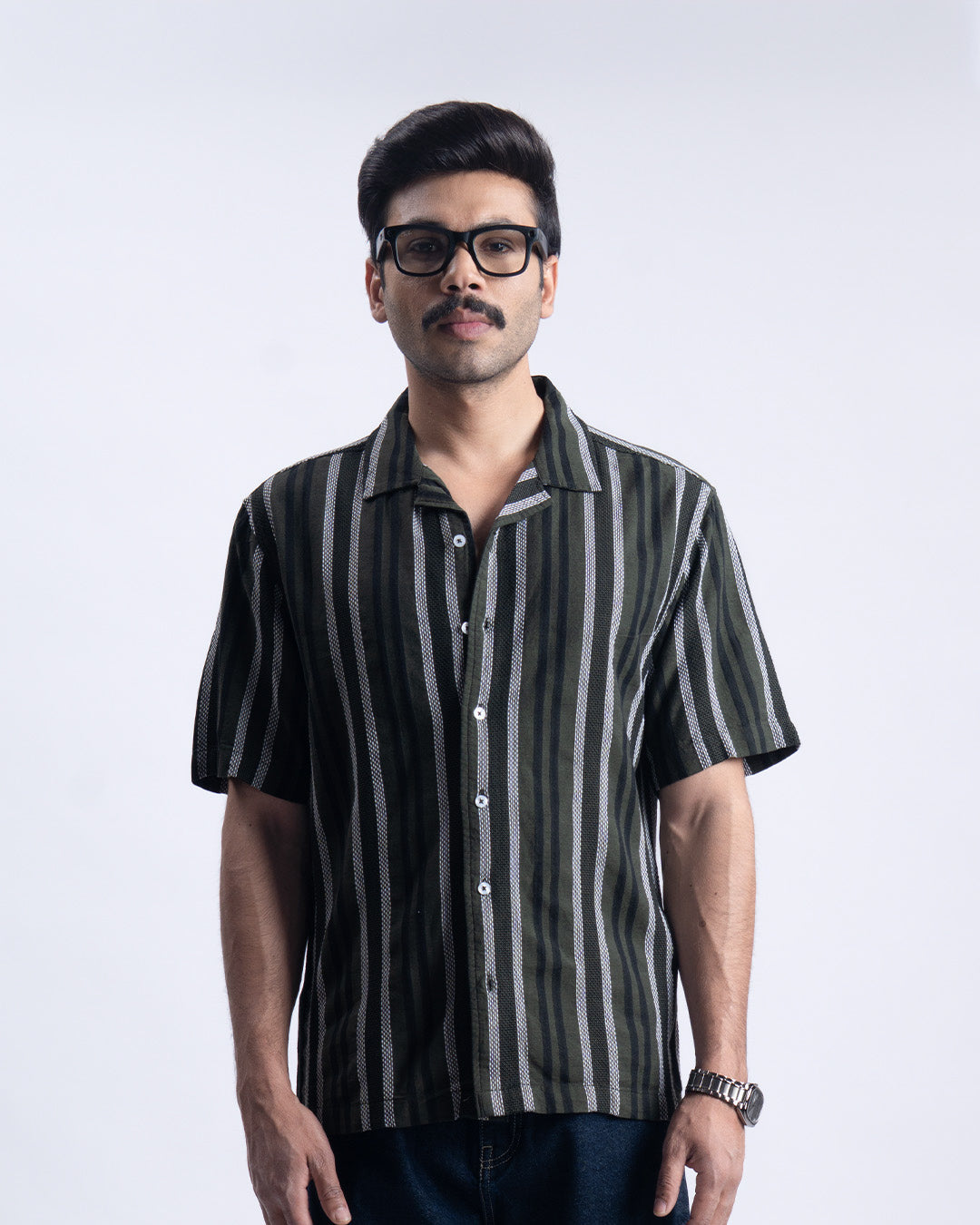 Striped Cuban Collar Shirt In Green