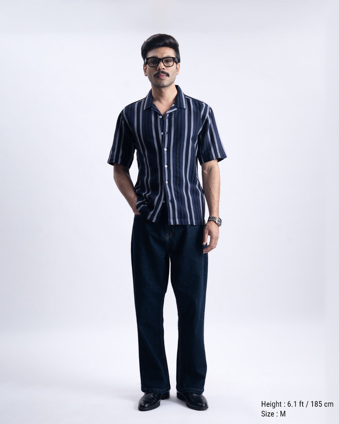 Striped Cuban Collar Shirt In Navy