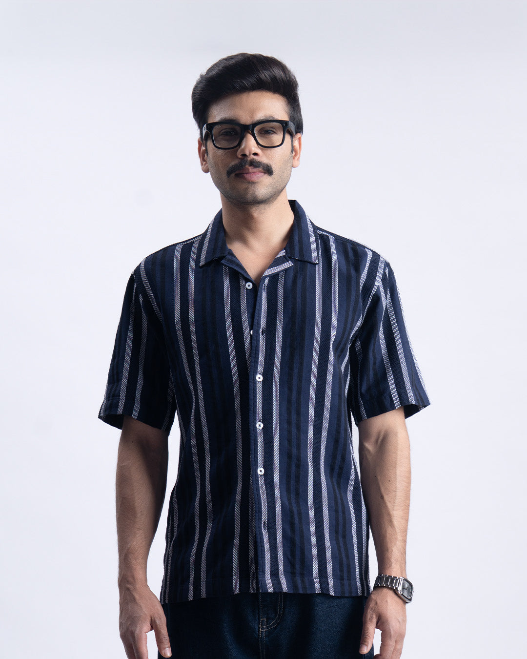 Striped Cuban Collar Shirt In Navy