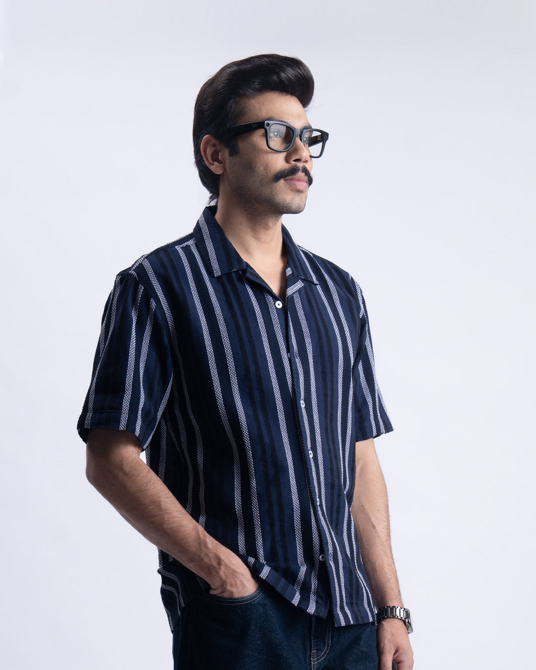 Striped Cuban Collar Shirt In Navy