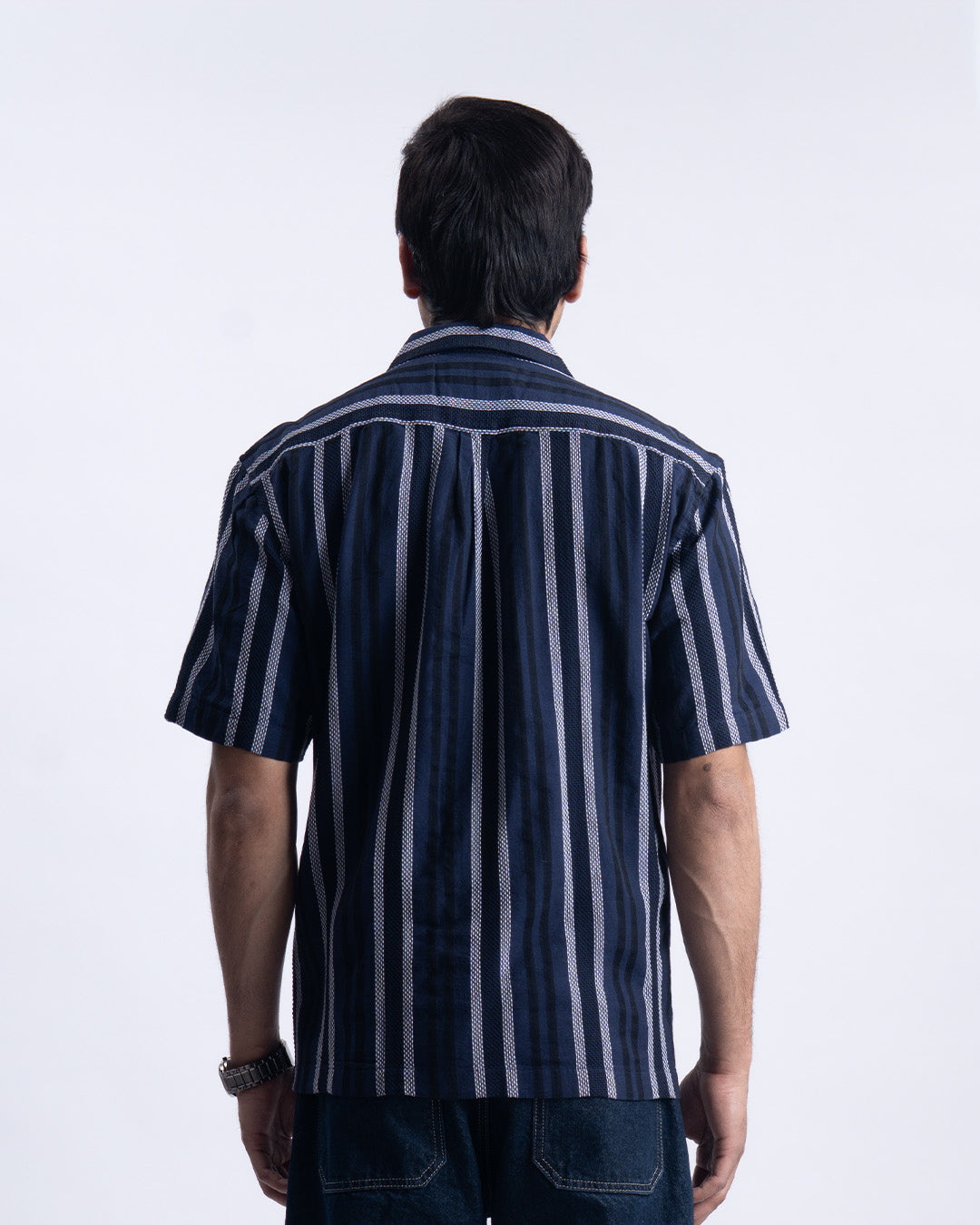 Striped Cuban Collar Shirt In Navy