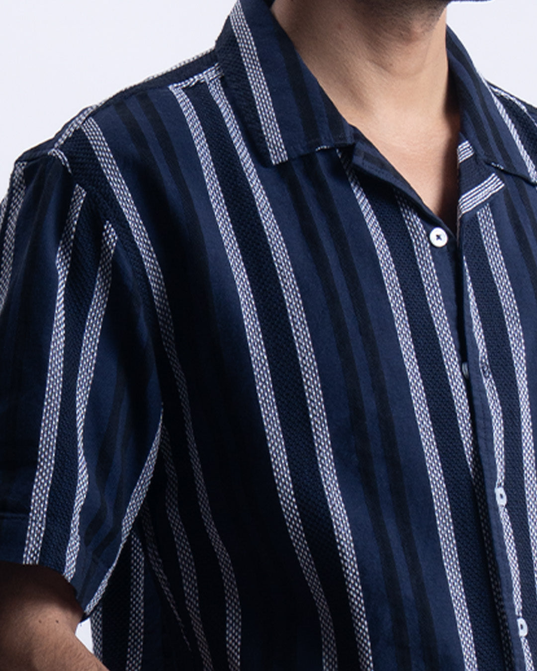 Striped Cuban Collar Shirt In Navy