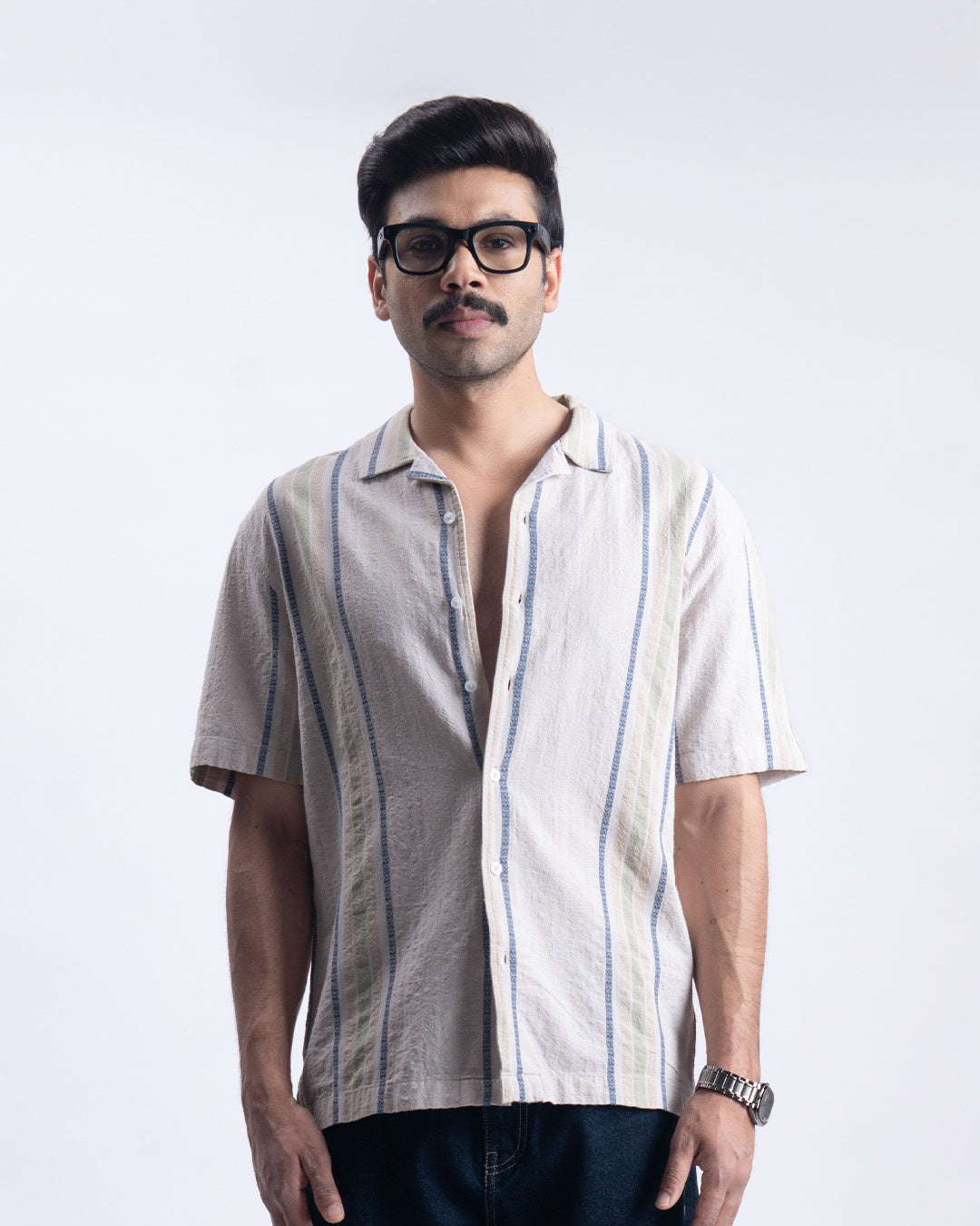 Striped Cuban Collar Shirt In Beige