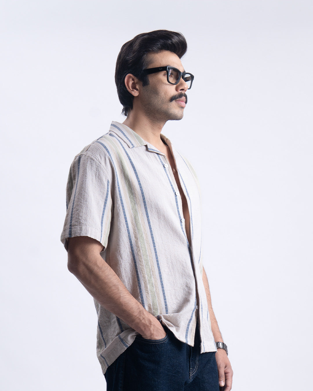 Striped Cuban Collar Shirt In Beige