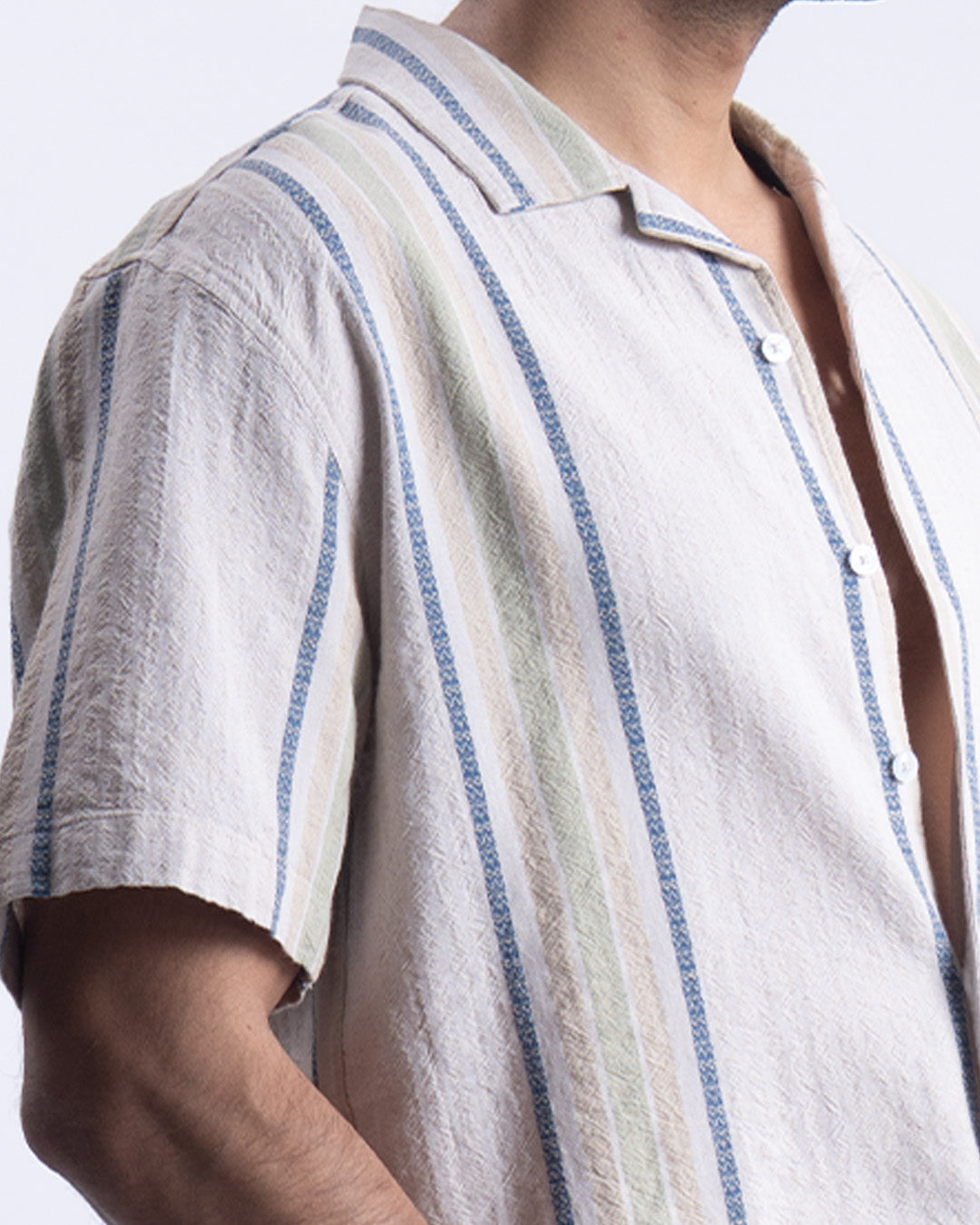 Striped Cuban Collar Shirt In Beige