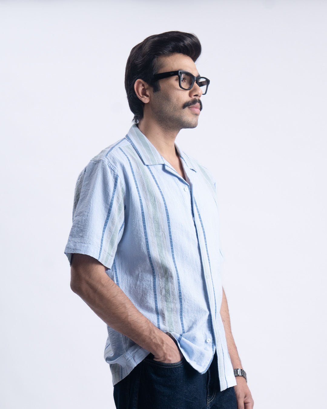 Striped Cuban Collar Shirt In Blue