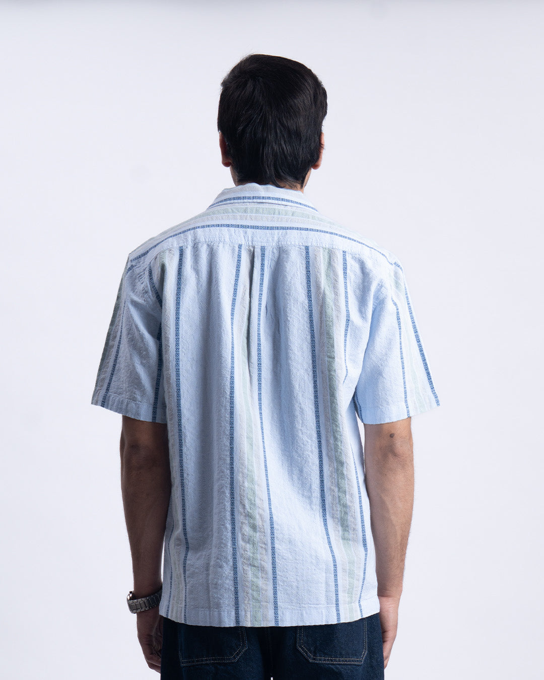 Striped Cuban Collar Shirt In Blue