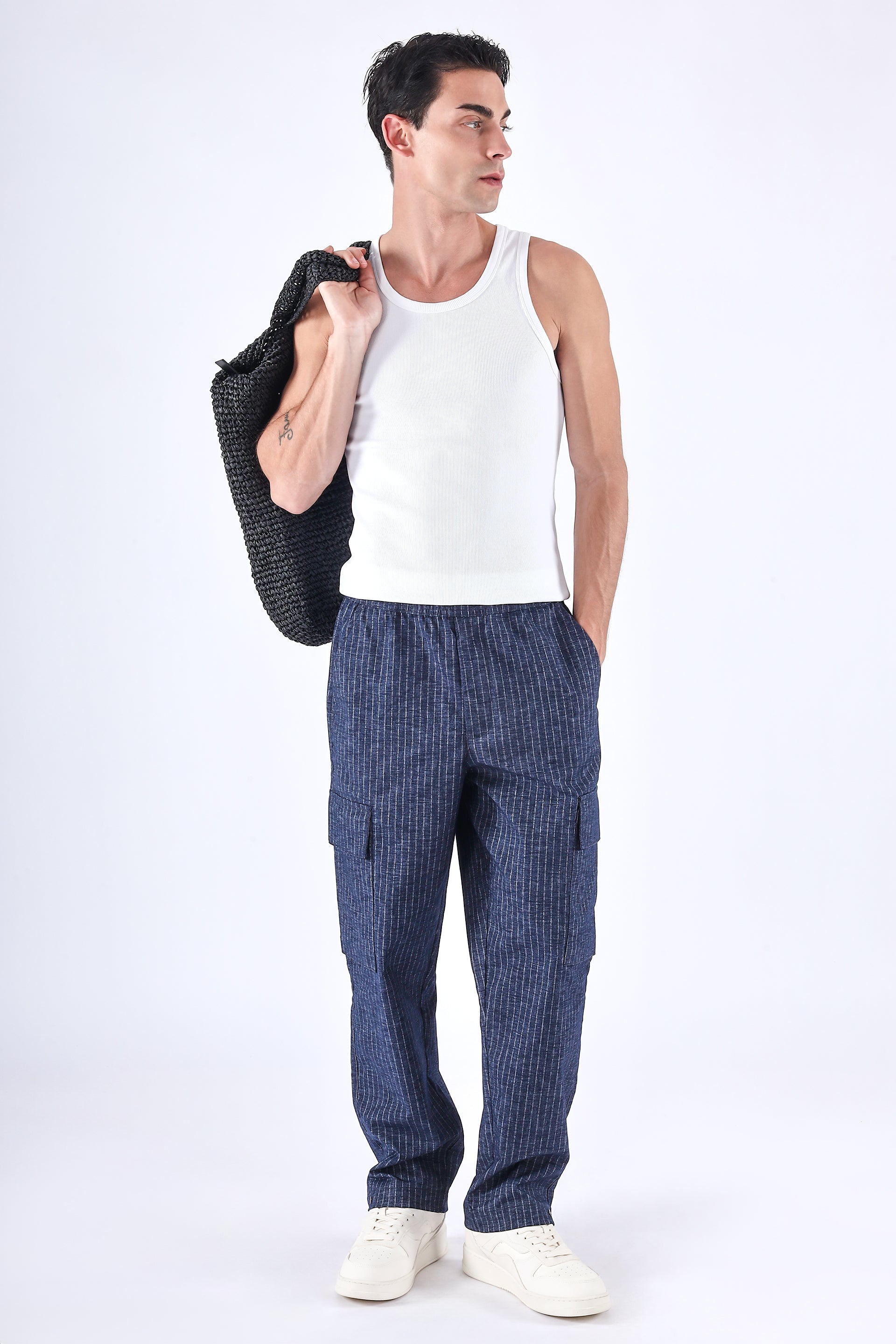 AIR STRIPED RELAXED CARGO PANTS IN BLUE