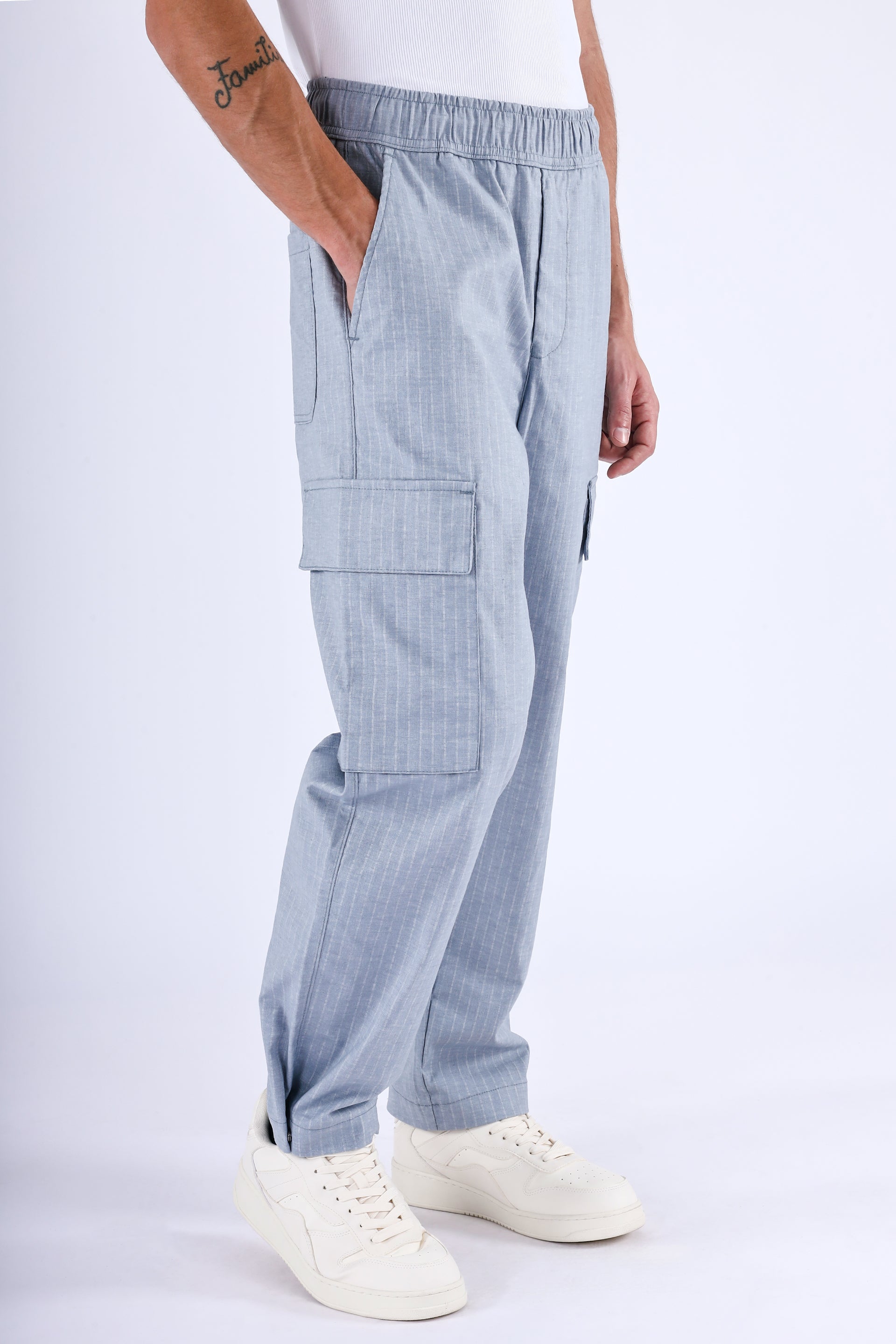 AIR STRIPED RELAXED CARGO PANTS IN LIGHT BLUE