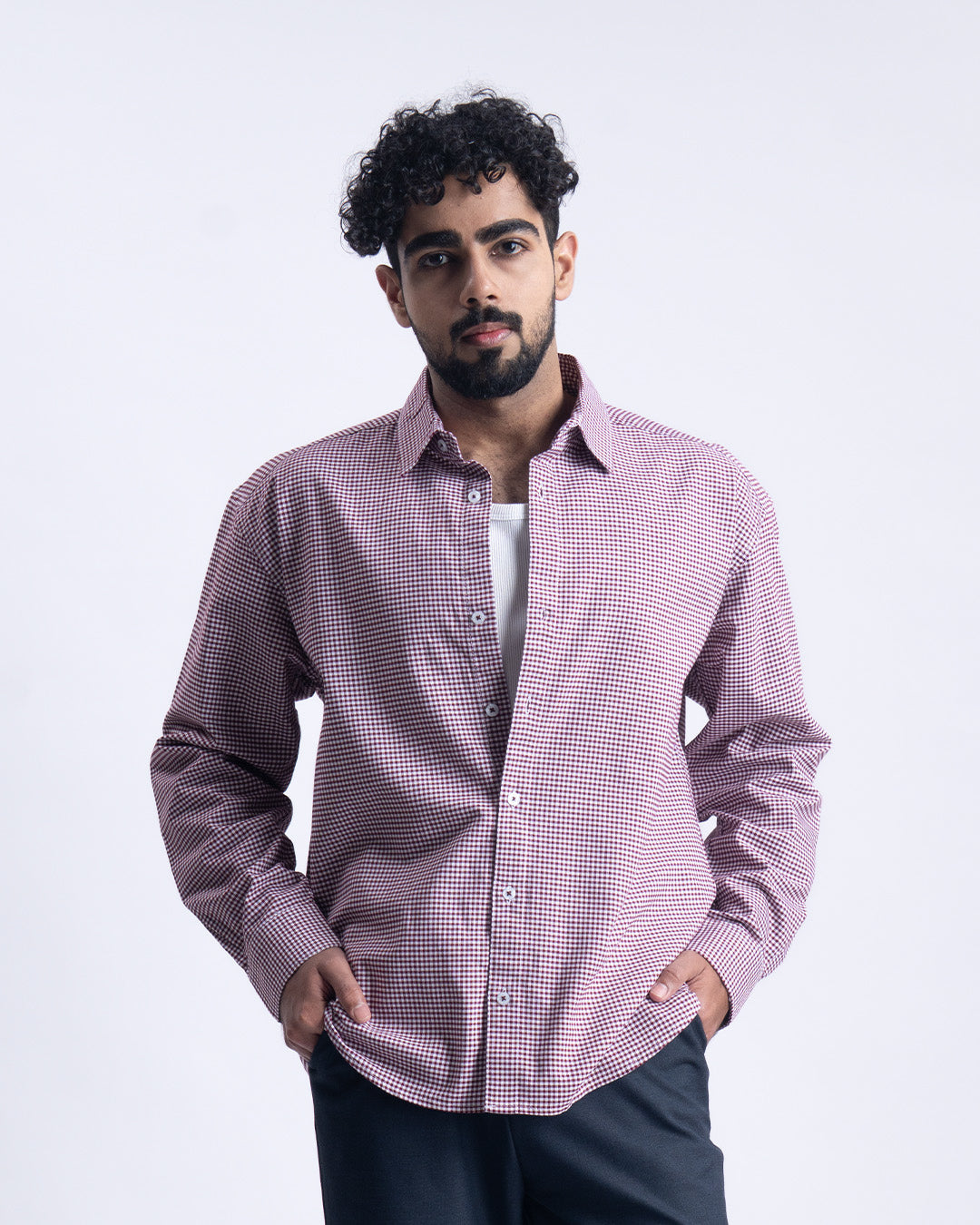 Checkered Cropped Relaxed Shirt In Wine