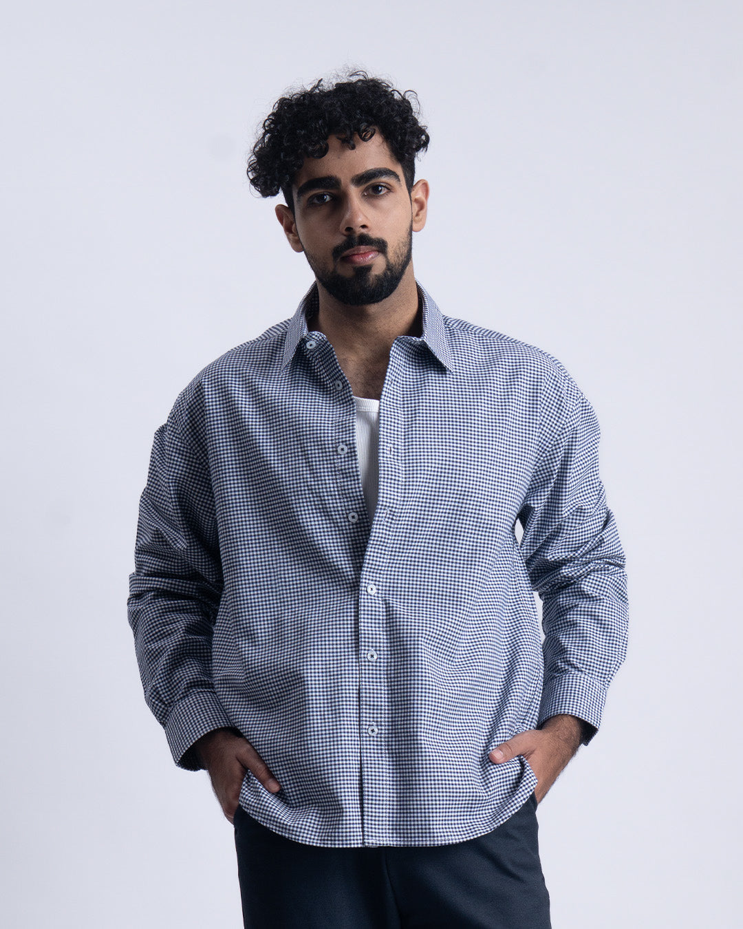 Checkered Cropped Relaxed Shirt In Navy