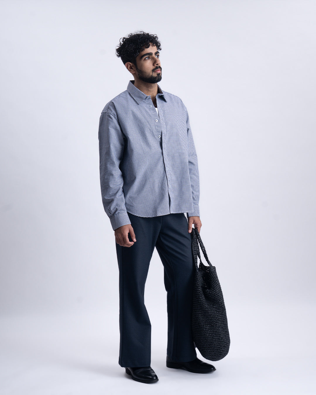 Checkered Cropped Relaxed Shirt In Navy