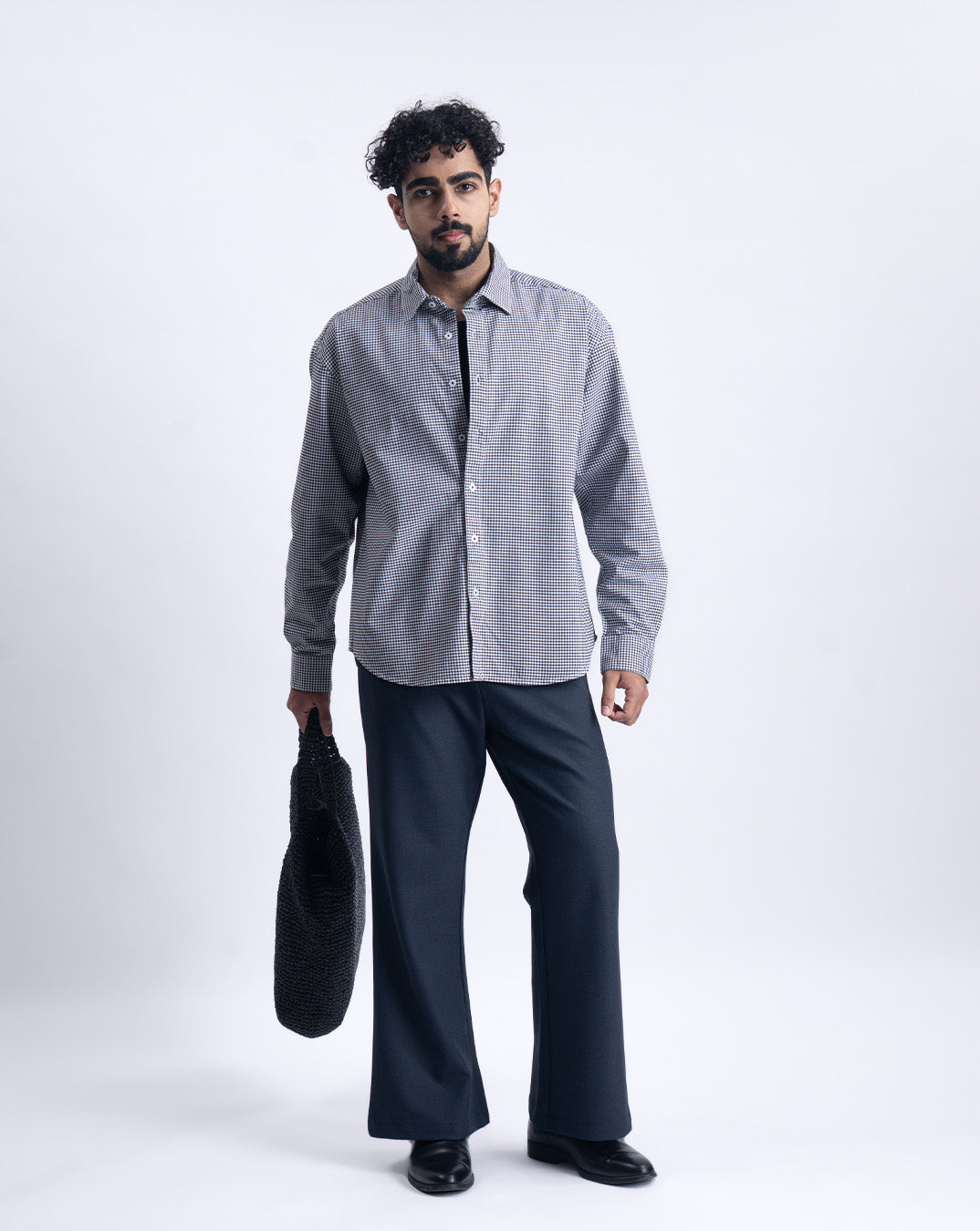 Checkered Cropped Relaxed Shirt In Black