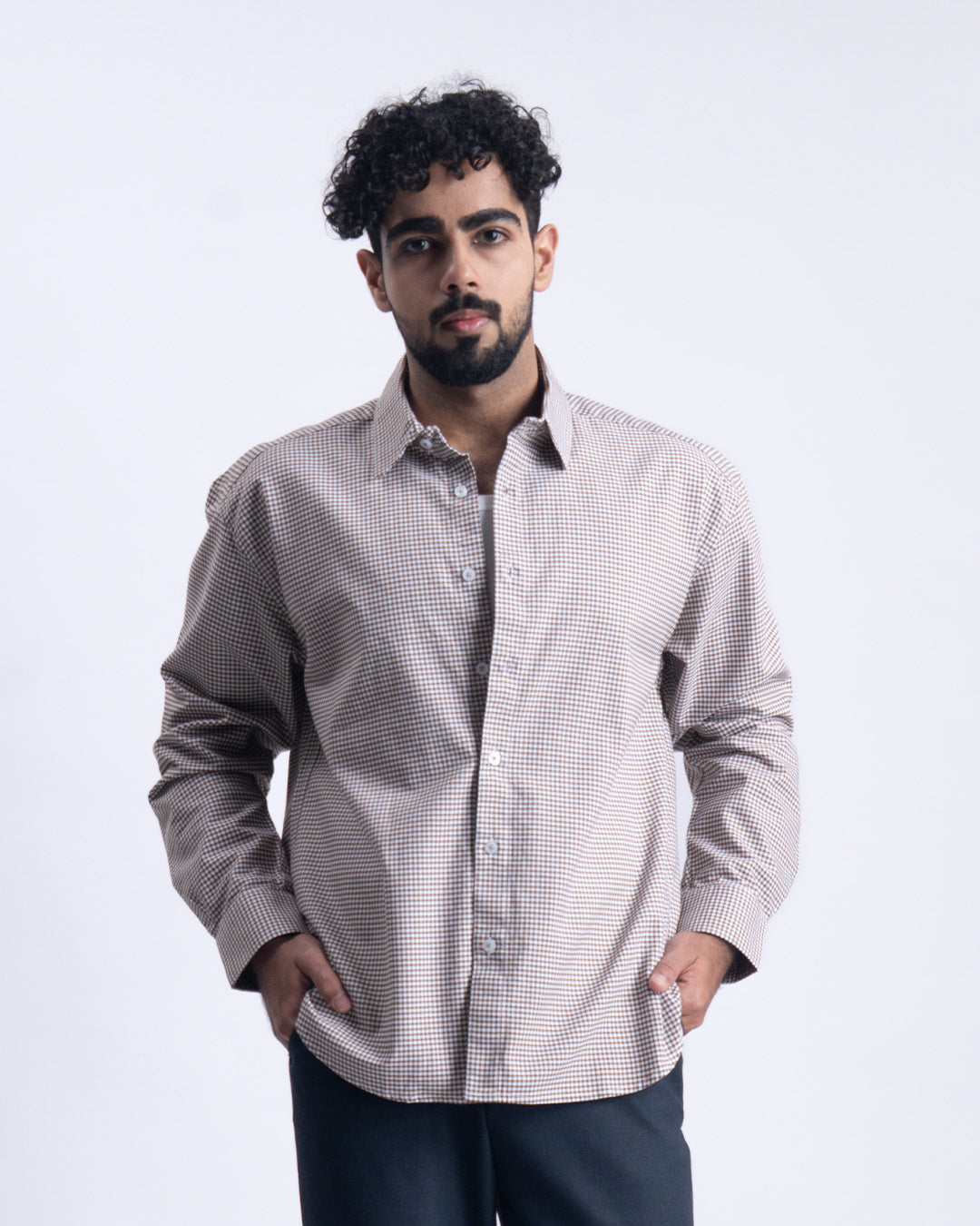 Checkered Cropped Relaxed Shirt In Brown