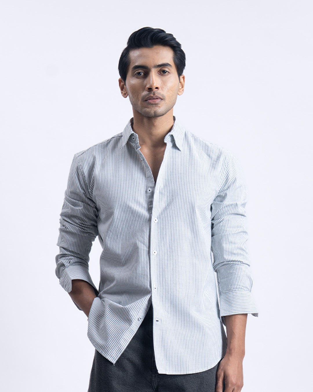 Striped Cotton Tailored Shirt In Dark Green