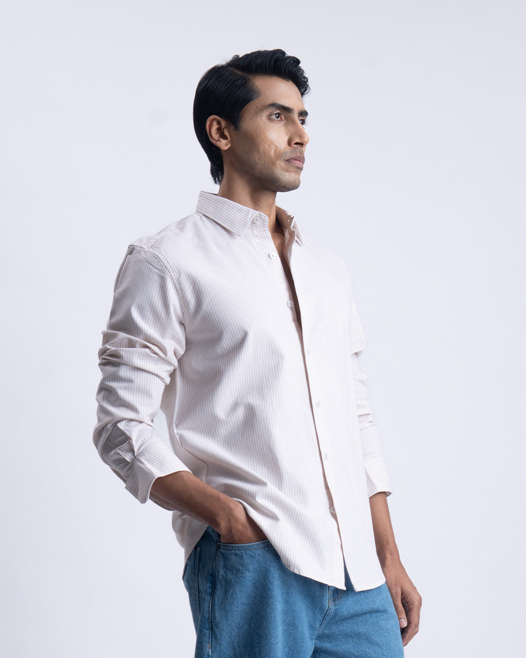 Striped Cotton Tailored Shirt in Beige